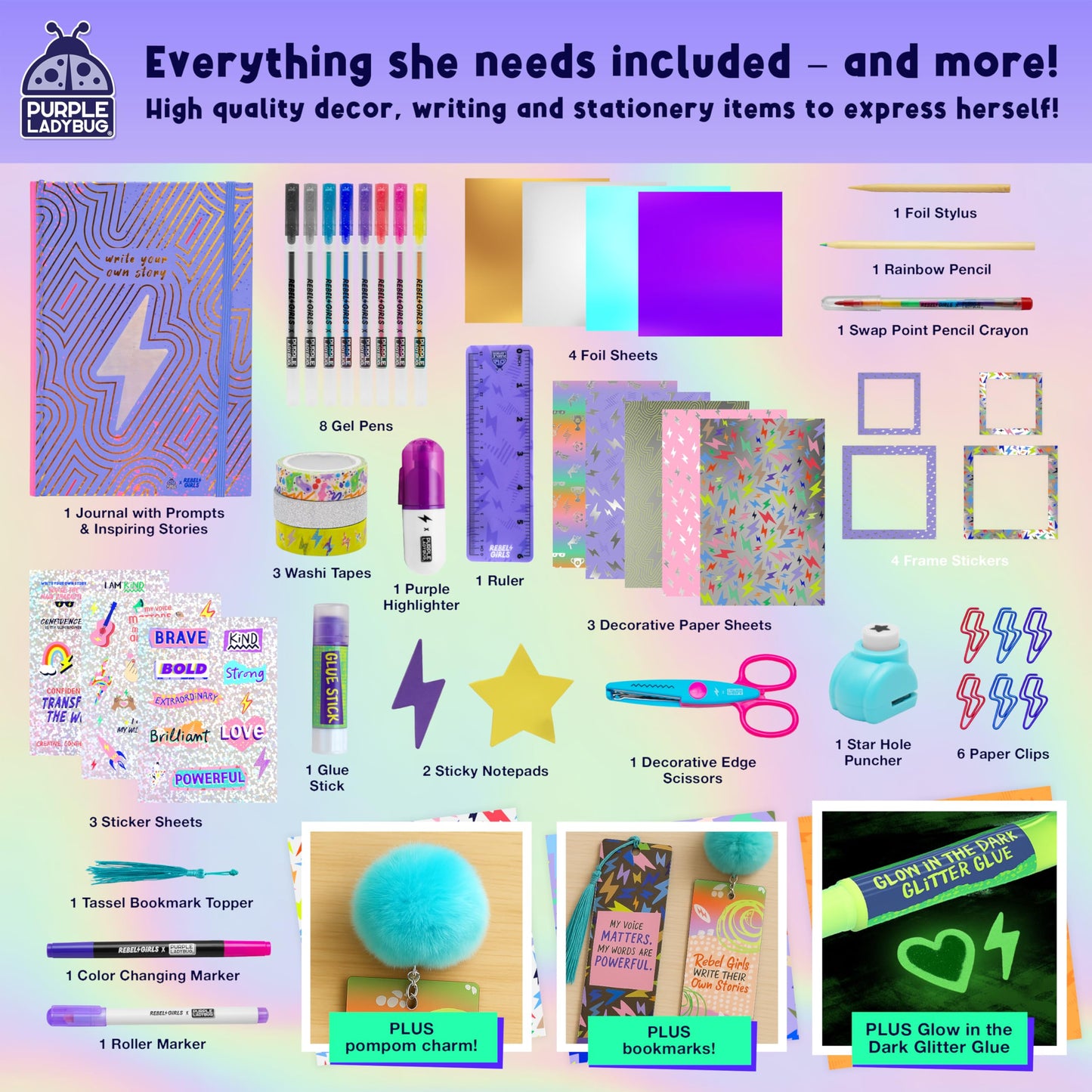 PURPLE LADYBUG Rebel Girls DIY Journal Kit - Scrapbook & Stationery Set with 50+ Accessories for Ages 8-12, Multicolored, Model A-PL-1030