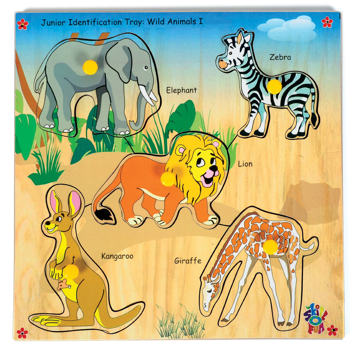 Skillofun Wooden Junior Identification Tray Wild Animals I with Knobs, Multi Color