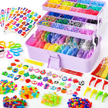 Inscraft 17500+ Rubber Loom Bands With 3 Layer Light Purple Container, 28 Colors, 600 S-Clips, 352 Beads, 40 Cartoon Pendant, Bracelet Making Refill Kit For Kids