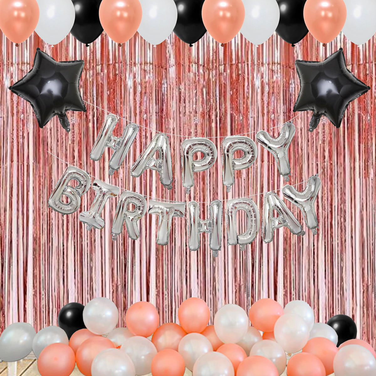 TOYXE Happy Birthday Letter Star Foil with Metallic Balloons and Square Curtains Tinsel Backdrop (ROSE GOLD SILVER BLACK)