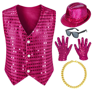 Kids Dance Hip Hop Jazz Costume Boys Sequin Vest Hat Sunglasses Set for Dance Party 4-5T Rose