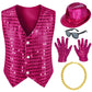Kids Dance Hip Hop Jazz Costume Boys Sequin Vest Hat Sunglasses Set For Dance Party 8-9 Years Rose