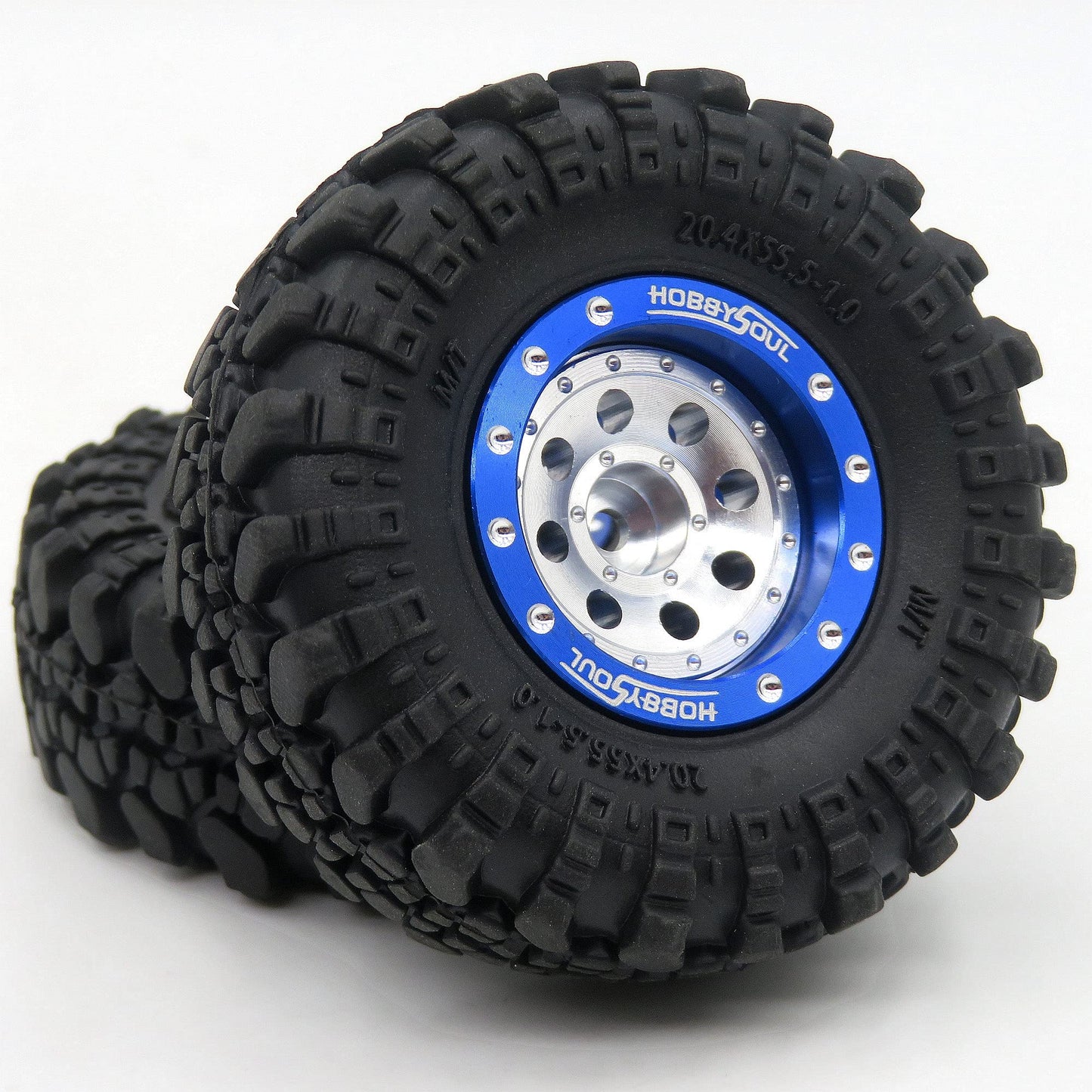 HOBBYSOUL Adjustable Offset RC 1.0 Wheels and Tires, 1/24 Tires & Heavy 1.0 Beadlock Wheels Blue Silver for 1:24 RC Crawler Axia