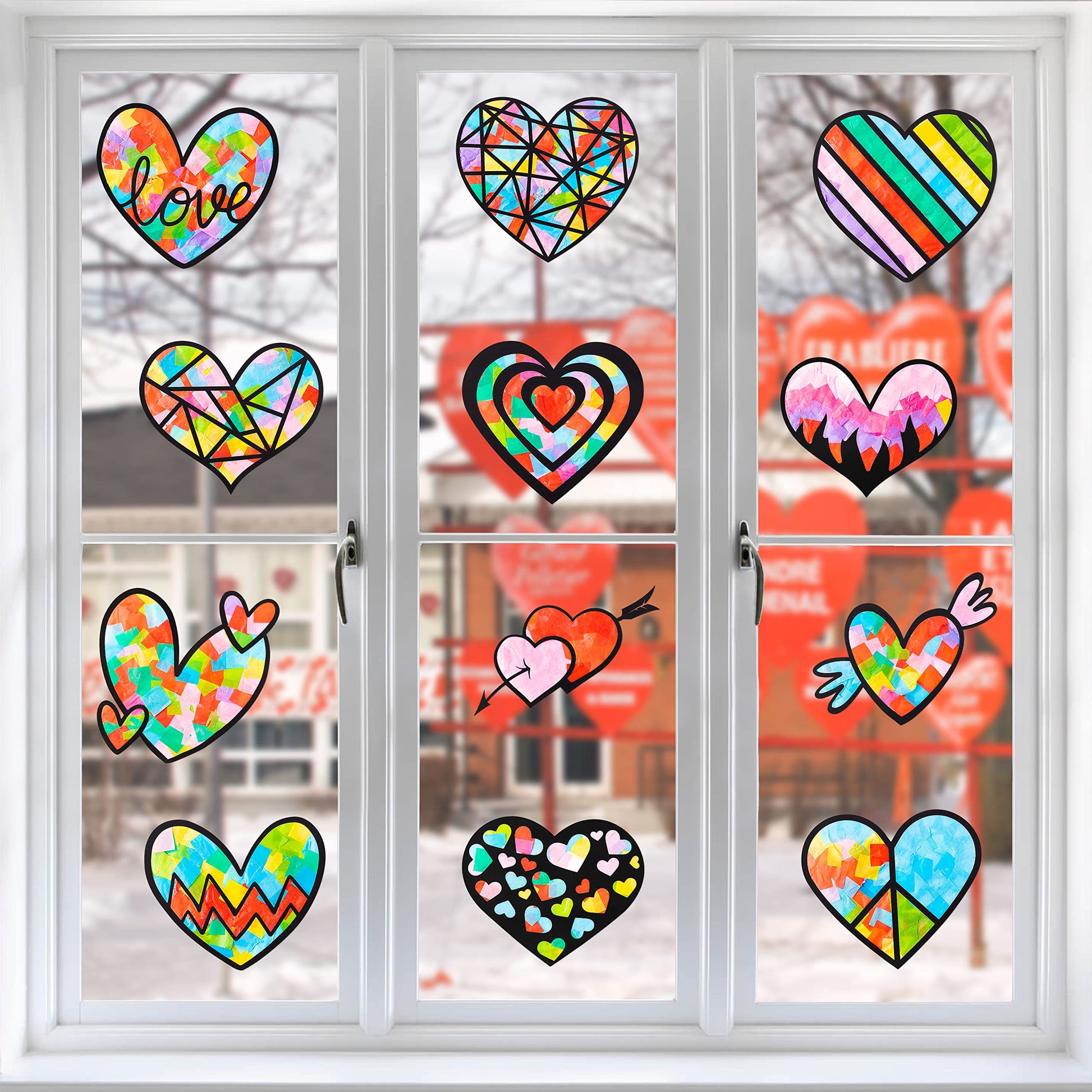 Haooryx 12Pcs Valentines Heart Paper Suncatcher for Kids, Heart Shaped Tissue Paper Craft DIY Window Stained Glass Effect Suncat