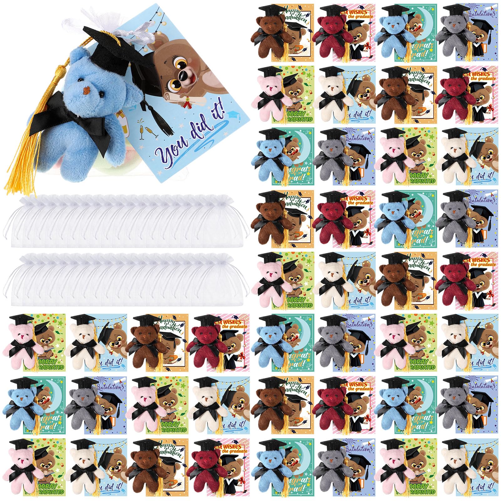 Hanaive 48 Set Mini Graduation Stuffed Bears Bulk 3 Plush Bear Class of 2025 Stuffed Animal with Cap Tie Grad Card Organza Bag