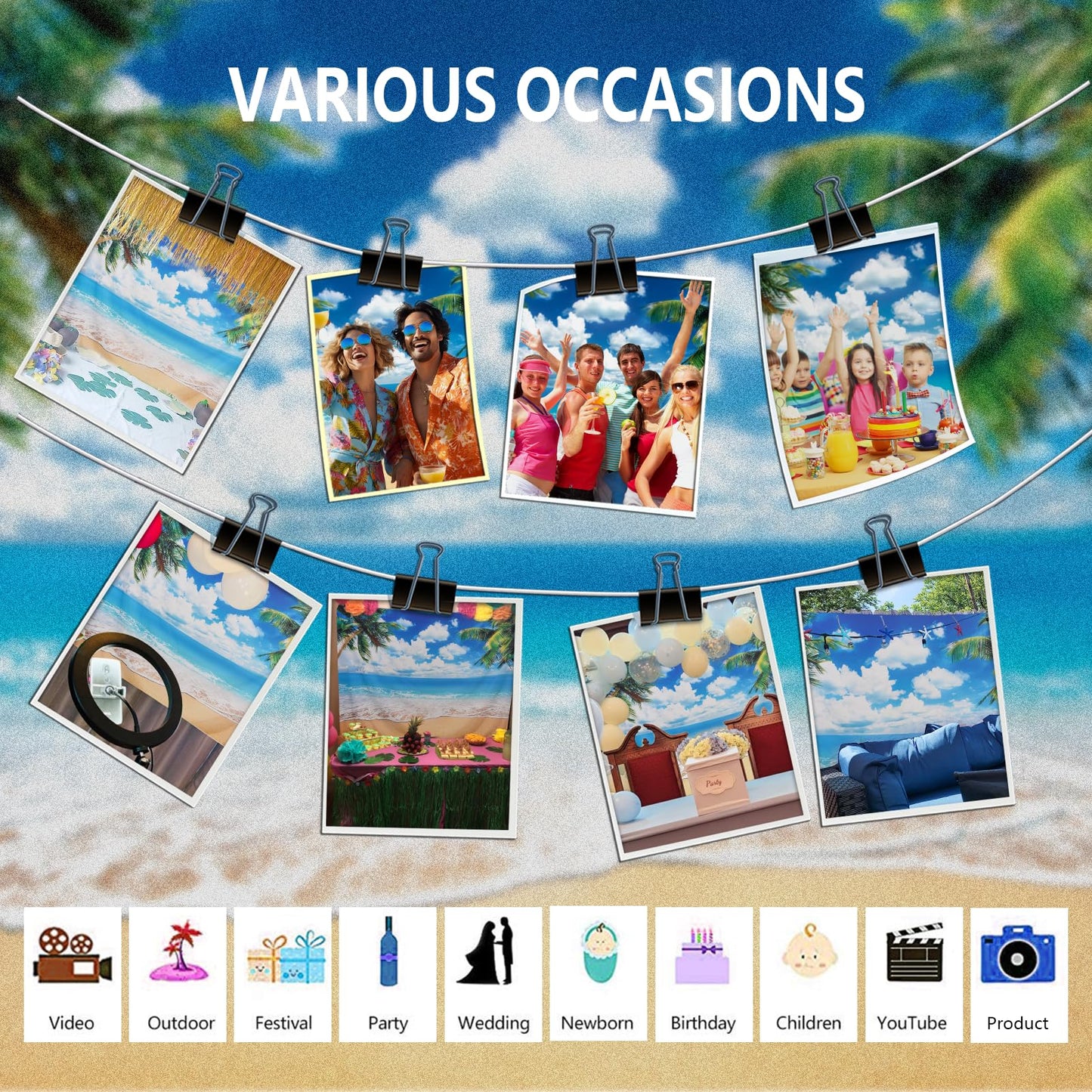 Humkat Hawaiian Beach Ocean Backdrop, 7X5FT Cloth Fabric Summer Tropical Party Background for Indoor and Outdoor Decoration, Pal