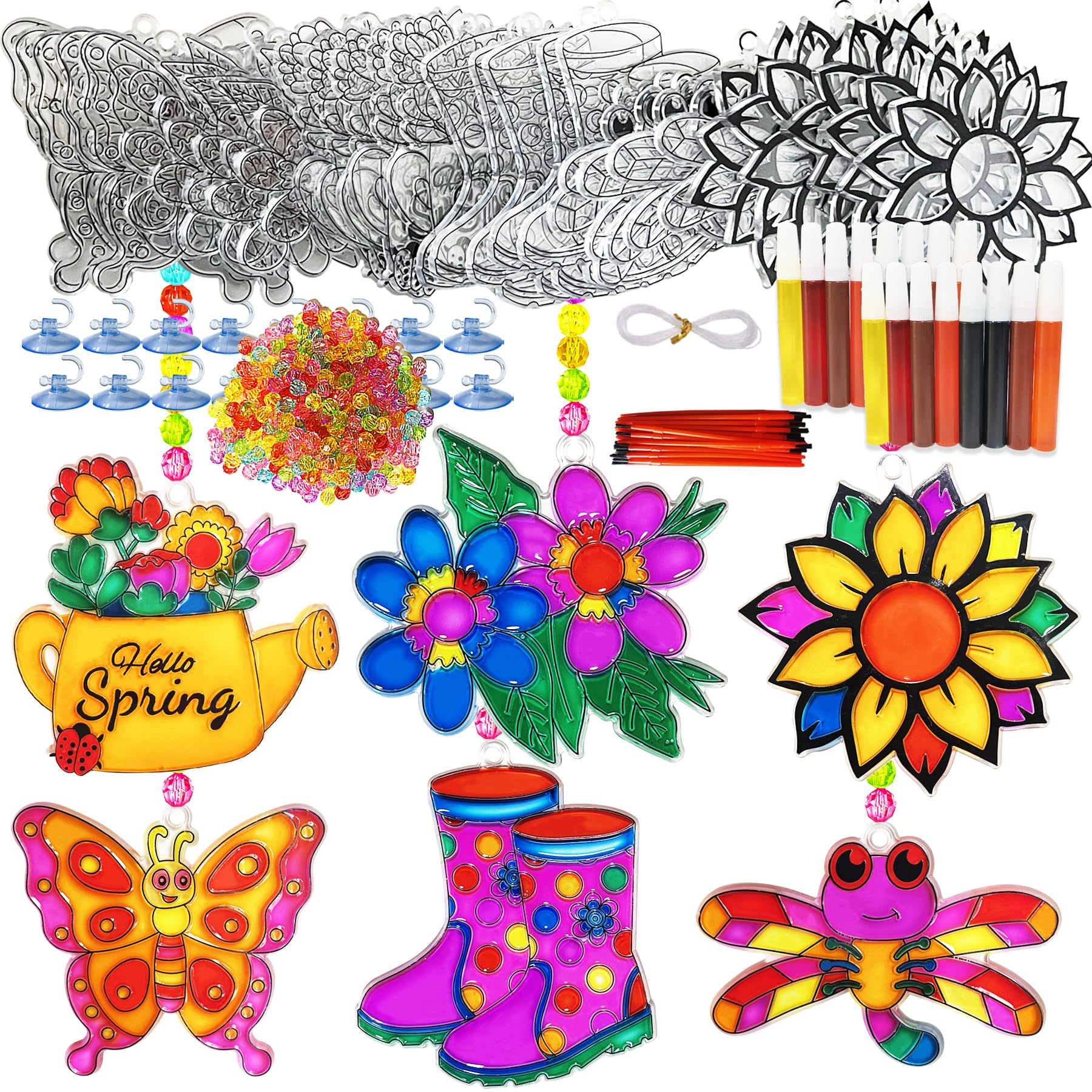 Ayhuhra 30 Sets Spring Flower Suncatcher Craft Kit Butterfly Sun Catcher DIY Window Paint Art Suncatcher Kits for Spring Summer 