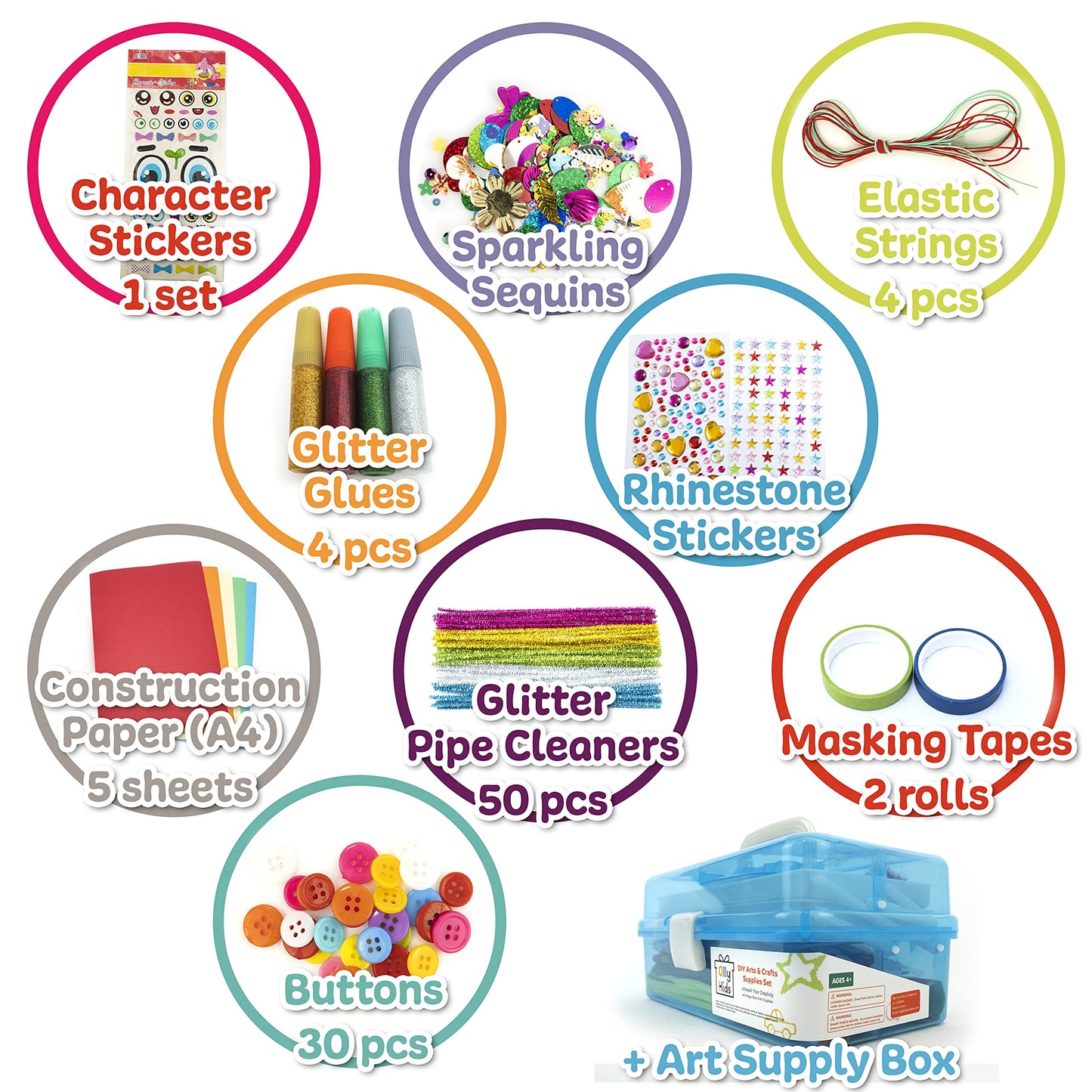 Olly Kids Craft Kits Library - Plastic Organizer Box for Ages 4-12 - Blue Art Supplies for Boys & Girls