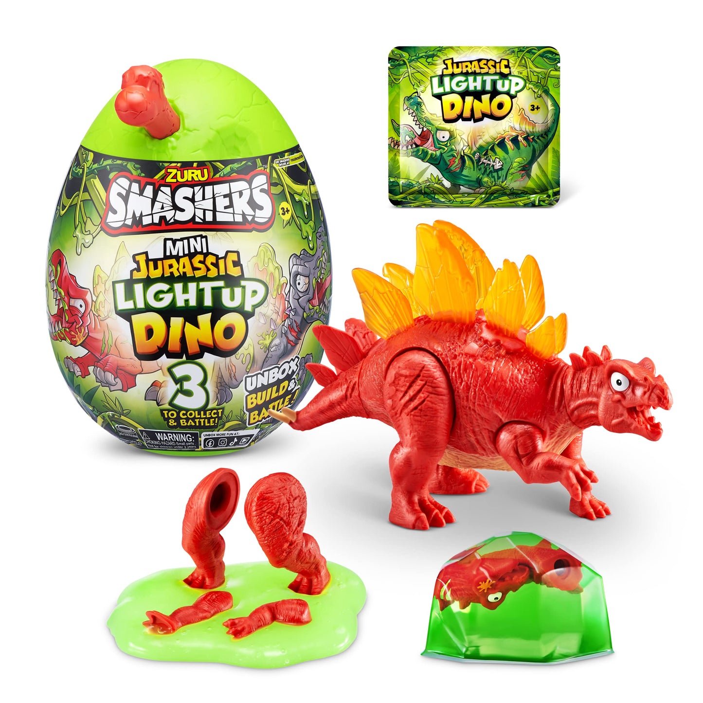 ZURU SMASHERS Mini Jurassic Dino Egg - Light Up Stegosaurus Toy, Plastic Fossil with Volcano Slime, Model 74107D for Kids