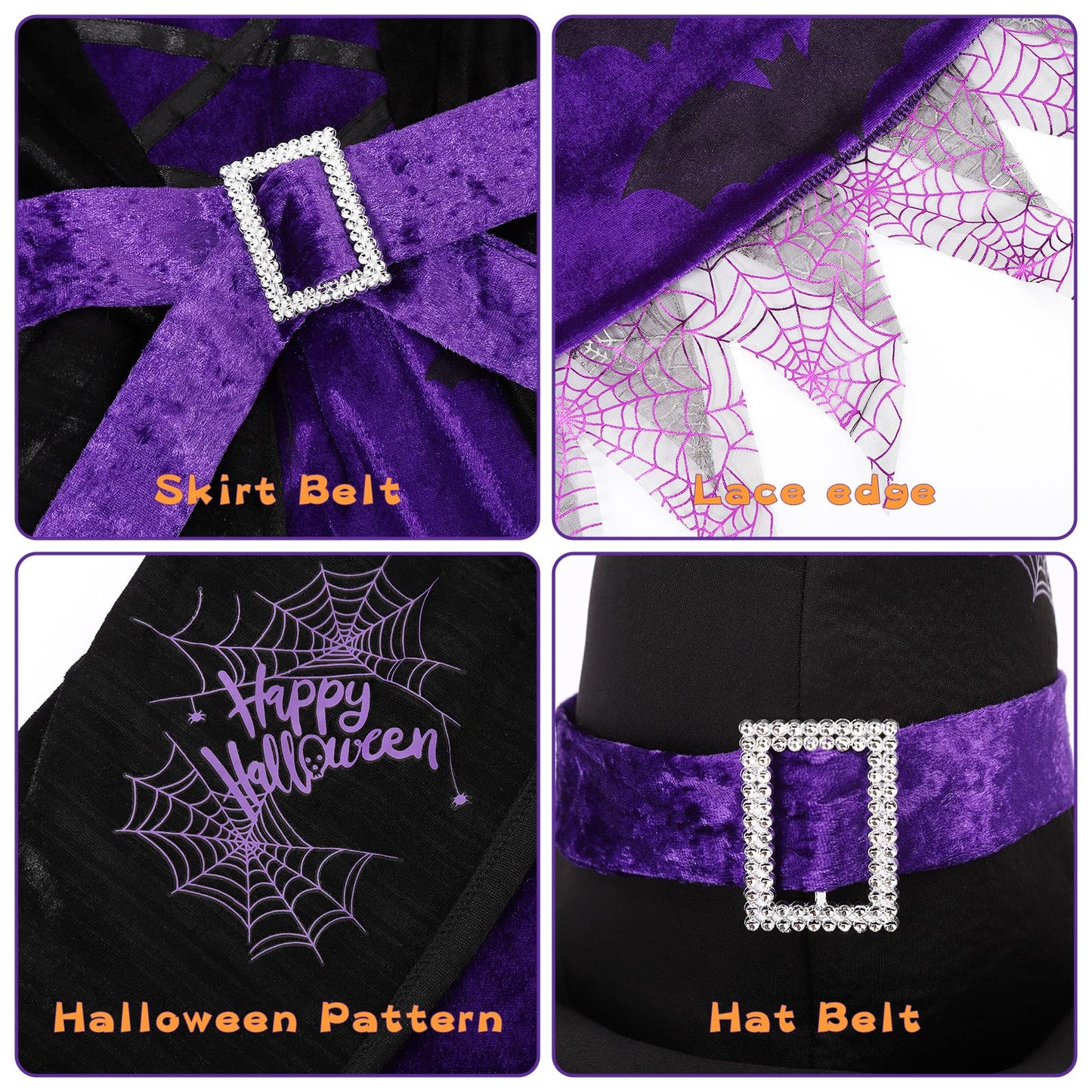 Twister.Ck Witch Costume For Girls Kids, Halloween Party Fancy Dress Up Deluxe Set With Hat Skirt For Girls