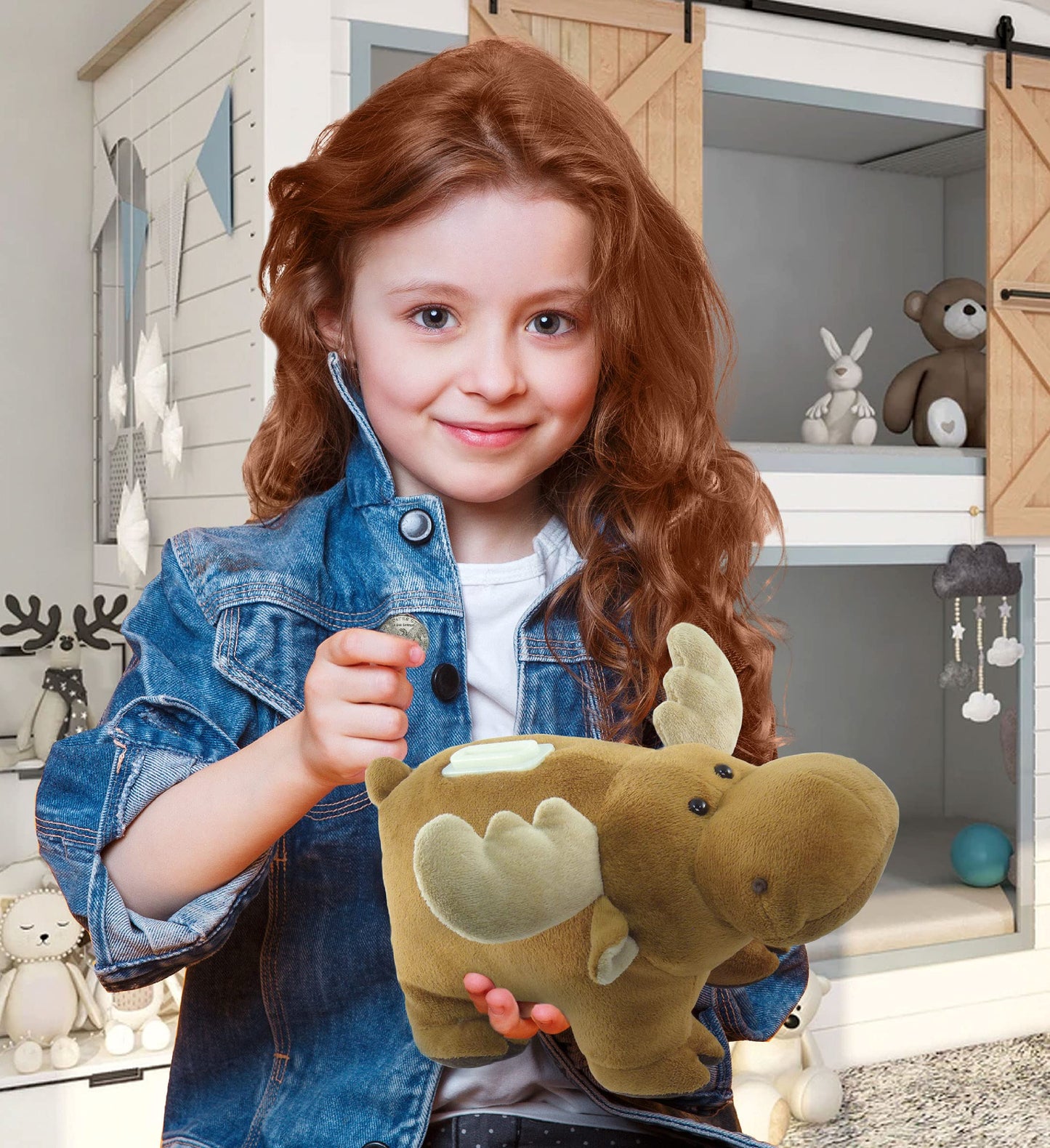 Puzzled Plush Moose Huggie Bank - 9" Brown Polyester Money Saver, Model 5911