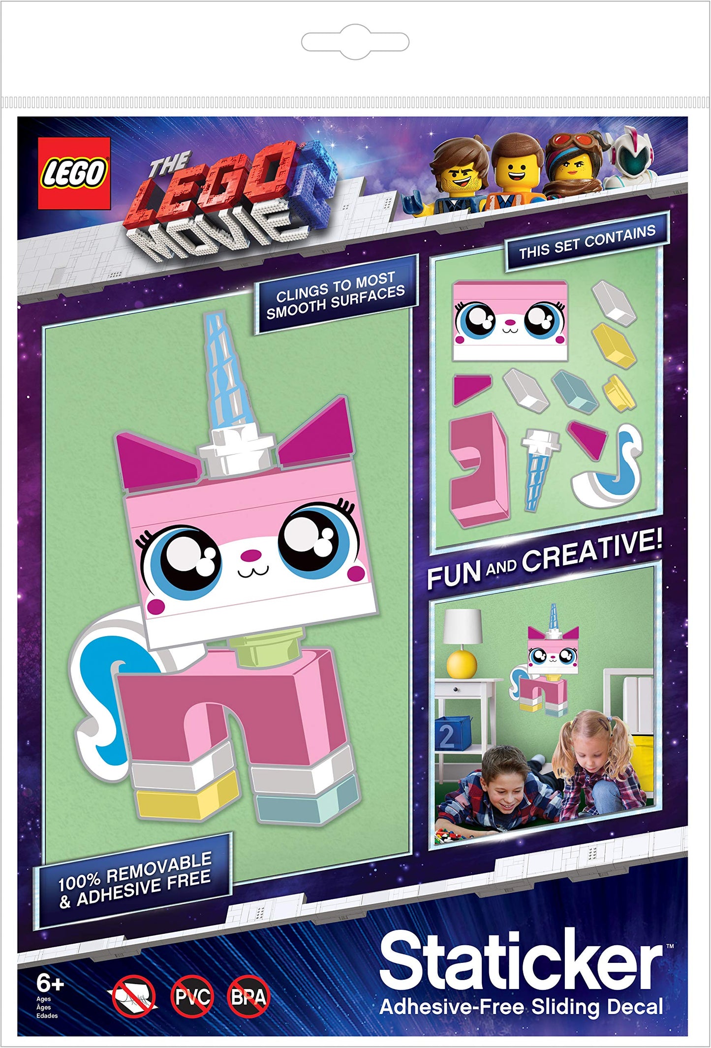 Lego Movie 2 Unikitty Staticker - Non-Adhesive, Static Cling Wall Decor for Bedroom, Game Room