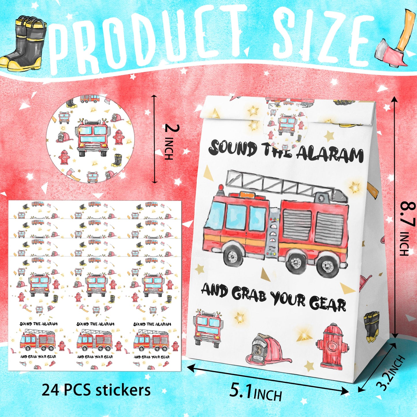 Hapibidesign Watercolor Firetruck Party Favor Bags - 24 Pcs Firetruck Party Candy Bags With Stickers - Firetruck Goodie Gift Tre