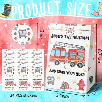 Hapibidesign Watercolor Firetruck Party Favor Bags - 24 Pcs Firetruck Party Candy Bags With Stickers - Firetruck Goodie Gift Tre