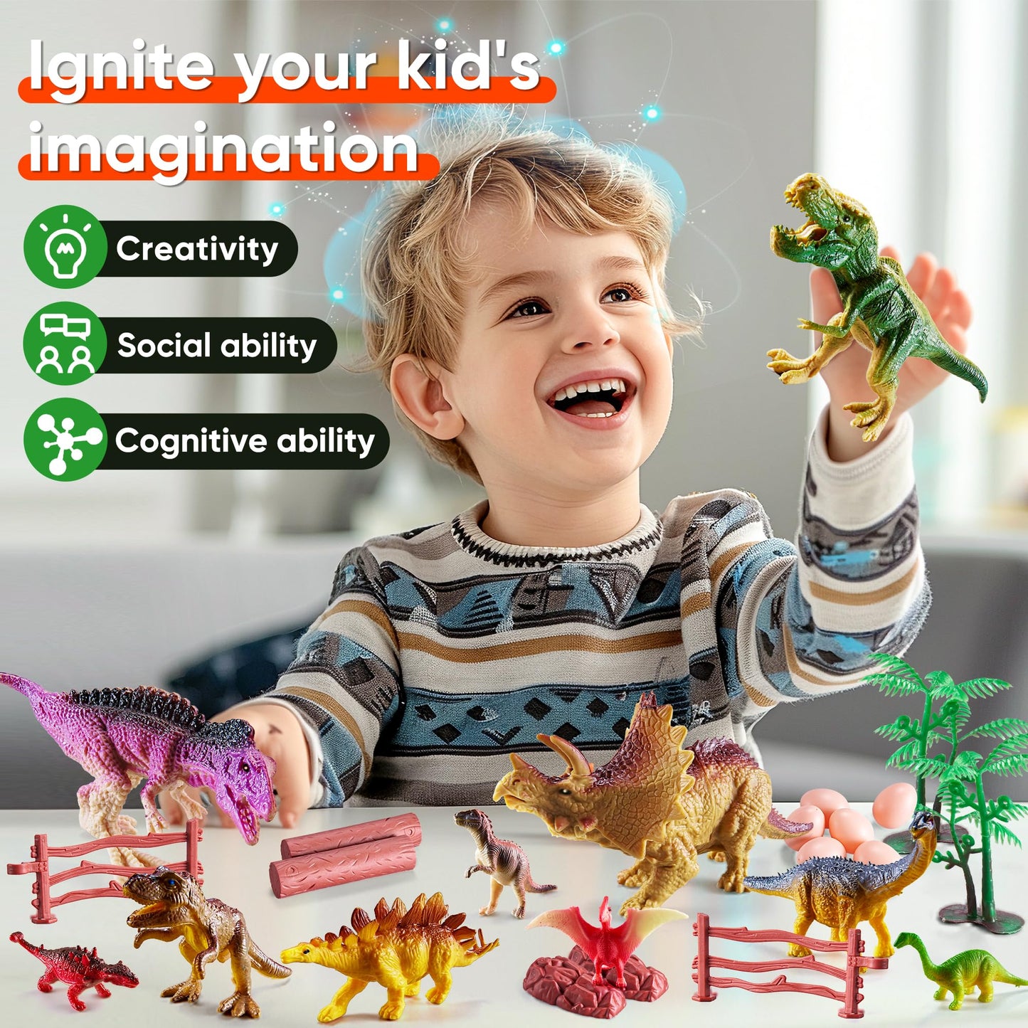 XINSITE 46PCS Dinosaur Toys Playset - Realistic Jurassic Figures with Eggs, Trees & Fence - Multicolor for Kids 3-7 Years
