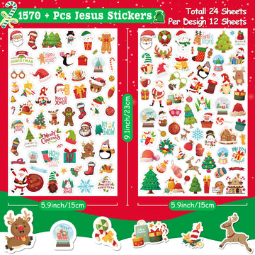 Linaye 24 Sheets Christmas Stickers For Kids, 1570Pcs Adhesive Christmas Stickers, Christmas Stickers Bulk For Kids Cute Sticker