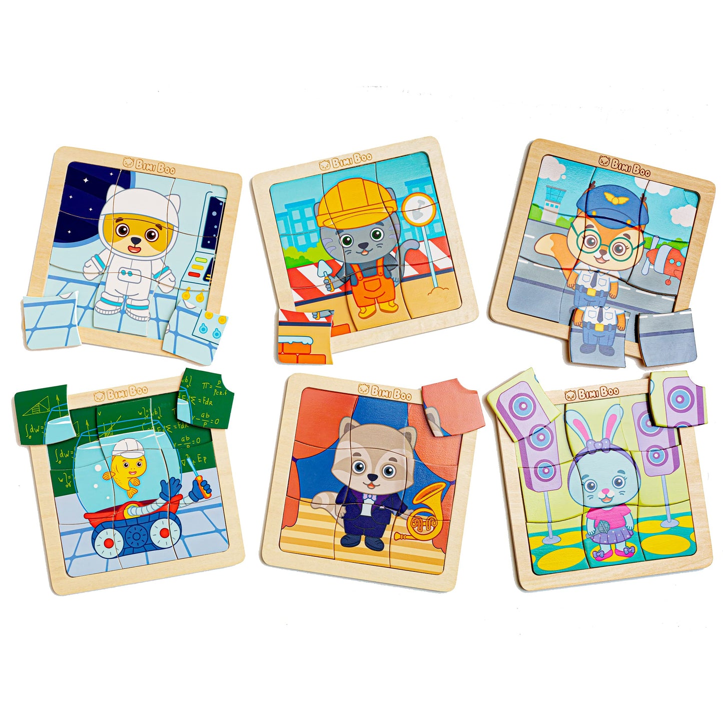 Bimi Boo 6-Sets Of Wooden Career Puzzles For Toddlers 1-3 - Montessori 9-Pieces Jigsaw Puzzle Sets For Preschoolers - Stem Devel