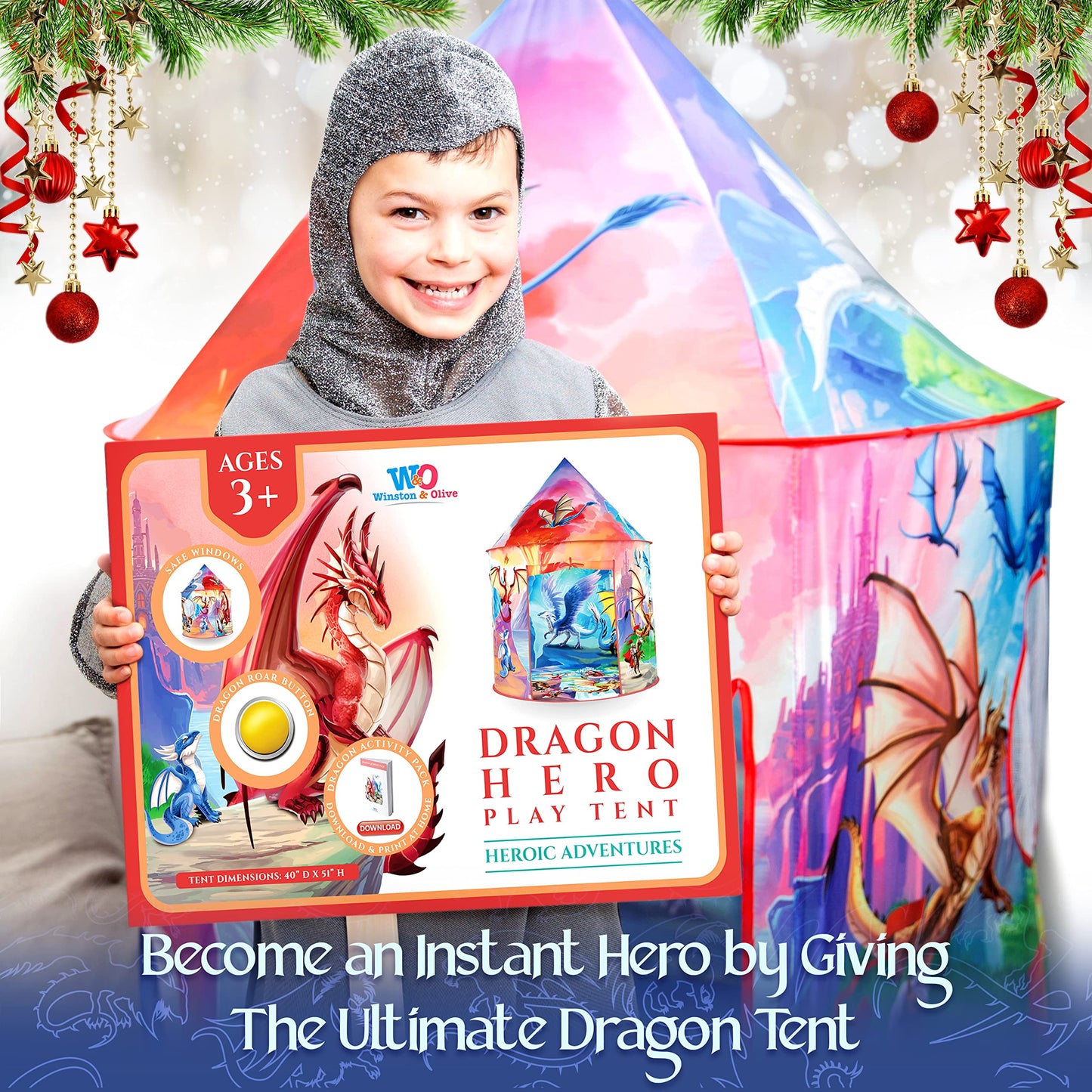 W&O Dragon Hero Play Tent with Roar Button - Epic Pop Up Tent for Boys & Girls - Perfect for Indoor & Outdoor Adventures
