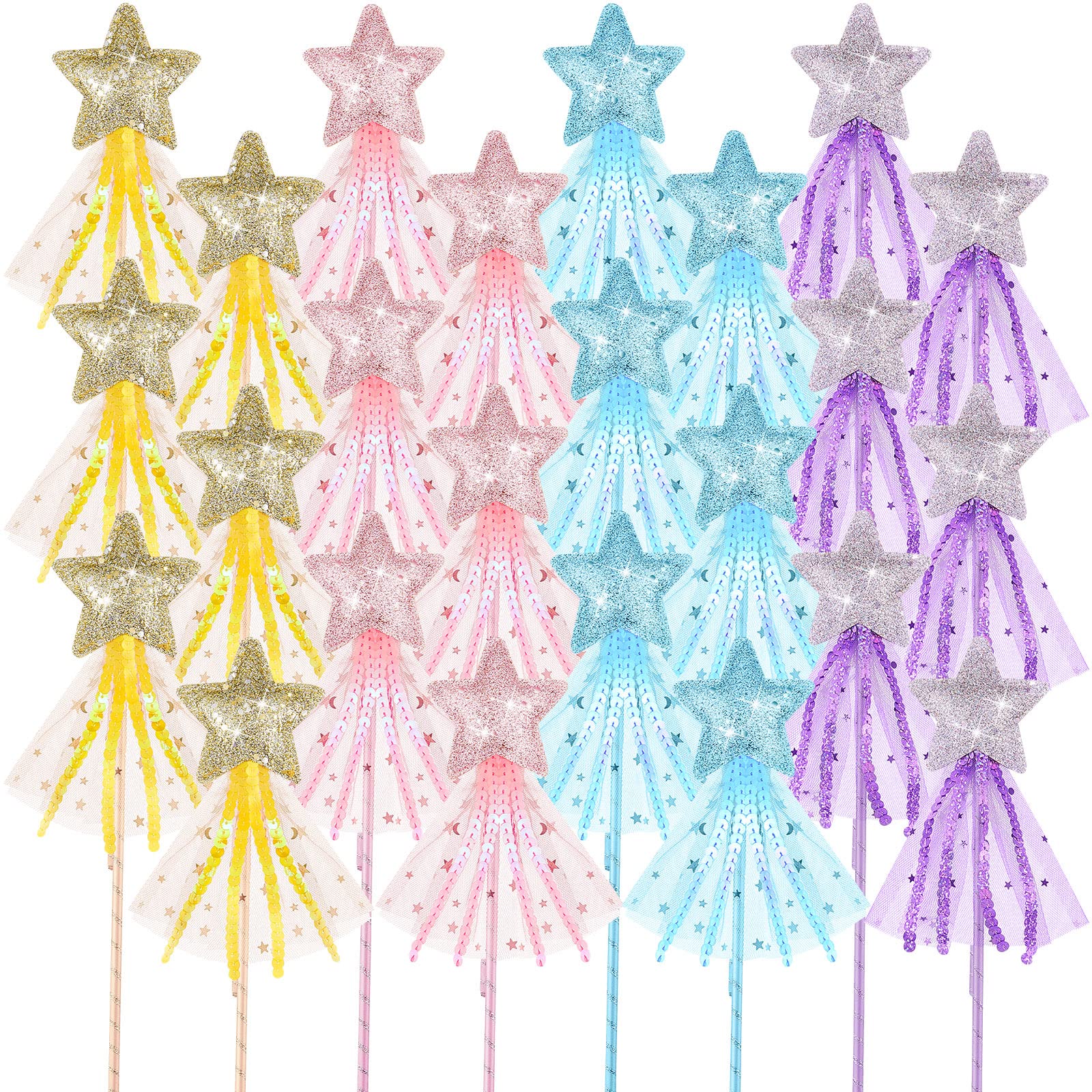 Honoson Glitter Star Magic Wand Princess Wand Fairy Wand Angel Star Wand Stick with Ribbon for Girl Kid Birthday Wedding Princes