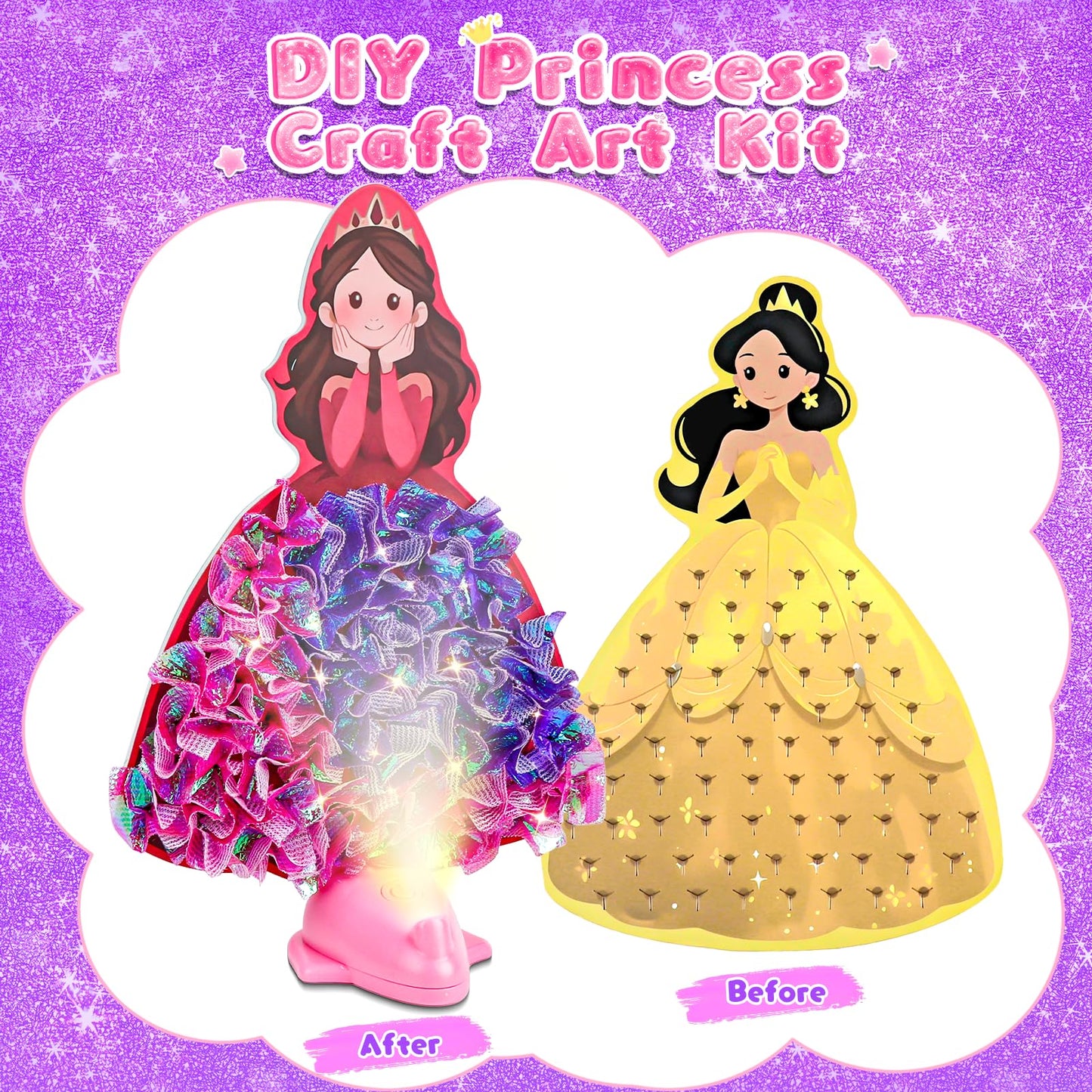 Fortand Poke-Art Crafts Kit for Kids, Princesses Craft Kits for Girls Ages 4-9 Paper Craft Kits with LED Base DIY Creative Activ