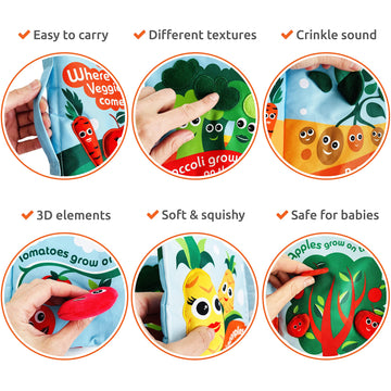 Soft Baby Book, ''Where Veggies & Fruits Come From''. Interactive Teething Infant Book, Touch & Feel, Crinkle Cloth Book For Babies 3 Months+