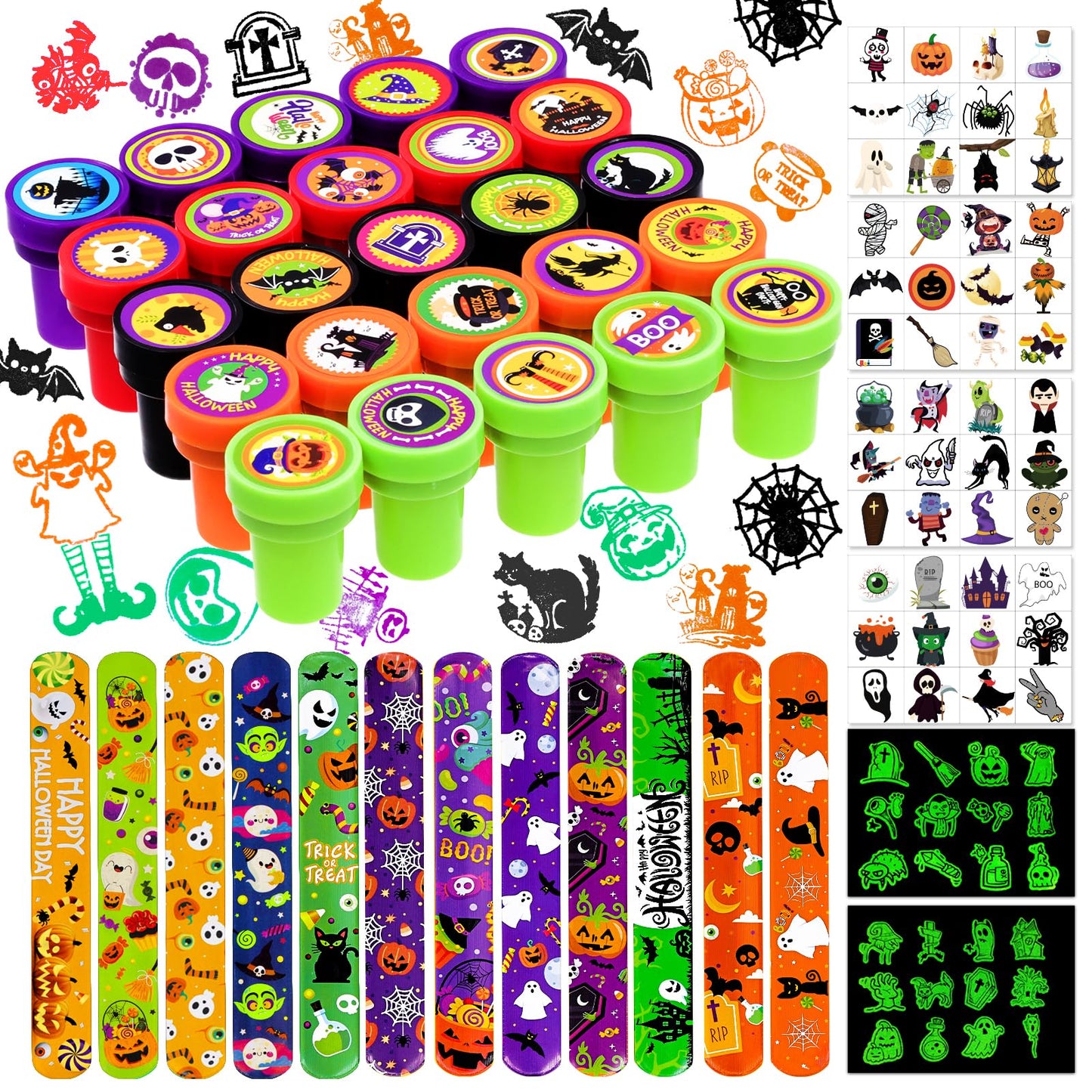 Garma Halloween Party Favors Toys for Kids, 25 Pcs Halloween Assorted Stamps with 12 Pcs Slap Bracelets and 288 Tattoos Hallowee