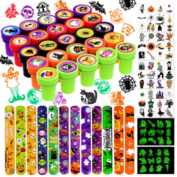 Garma Halloween Party Favors Toys for Kids, 25 Pcs Halloween Assorted Stamps with 12 Pcs Slap Bracelets and 288 Tattoos Hallowee