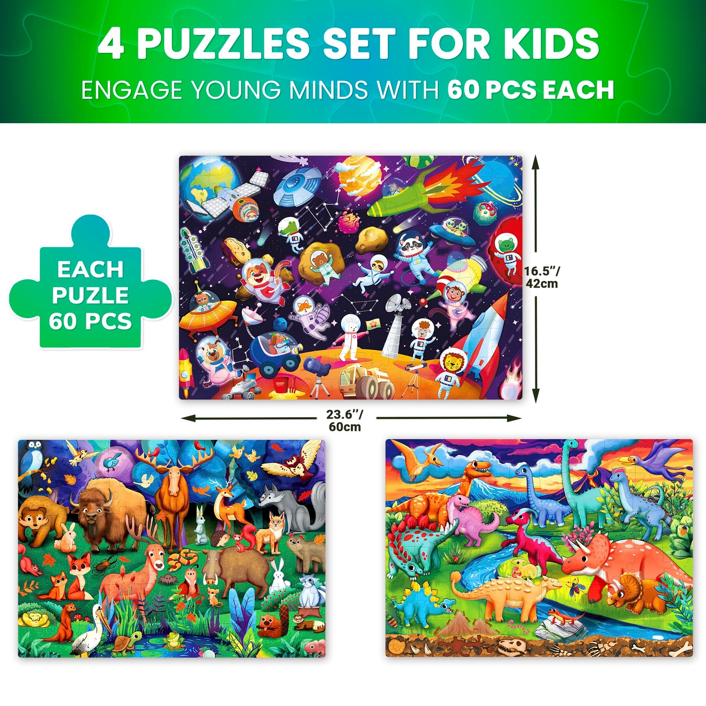 Quokka 3X100 Piece Puzzles For Kids Ages 6-8 – Glow-In-The-Dark Puzzles For Kids 8-10 | Space, Dinosaurs, Animals | Fun Educational Puzzles For Boys & Girls – Learning Games & Space Toys Gift For Kids