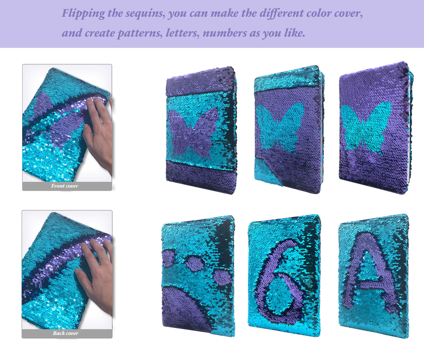 Ginmlyda Sequin Girls Journal For Kids, 8.5X5.5 Inches 160 Lined Pages Diary For Girls Butterfly Reversible Flip Sequence Notebook For Teenage Pre School Writing Drawing Travel Gifts (Purple- Blue)