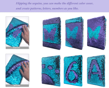 Ginmlyda Sequin Girls Journal For Kids, 8.5X5.5 Inches 160 Lined Pages Diary For Girls Butterfly Reversible Flip Sequence Notebook For Teenage Pre School Writing Drawing Travel Gifts (Purple- Blue)