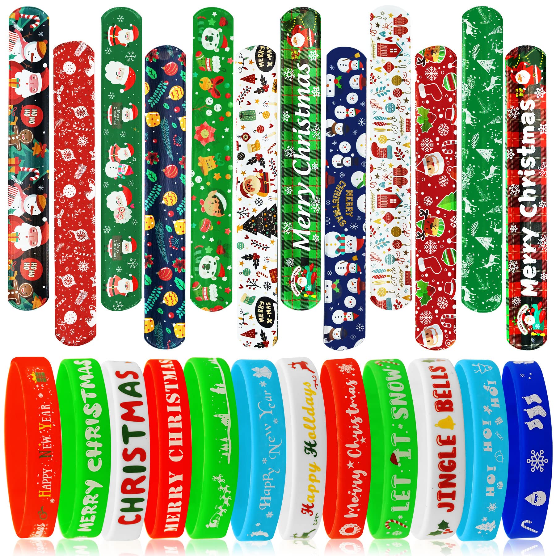 JUNEBRUSHS 50 Pack Christmas Party Favors Christmas Slap Bracelets Rubber Wristbands Assorted for Kids Slap Bands Silicone Snap 