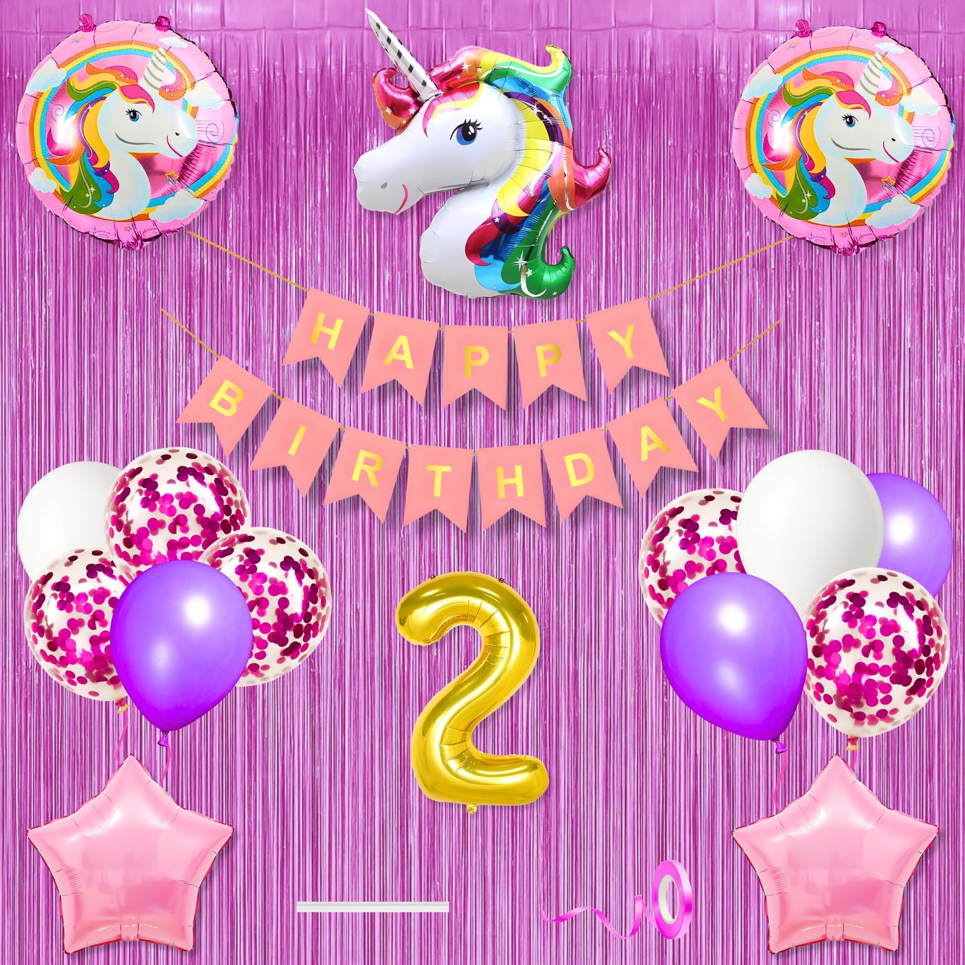 2Nd Unicorn Theme Happy Birthday Banner Decoration Kit Light Pink For 2 Year Old Baby Boys Girls Kids 5 Pc Unicorn Theme 10 Pc P