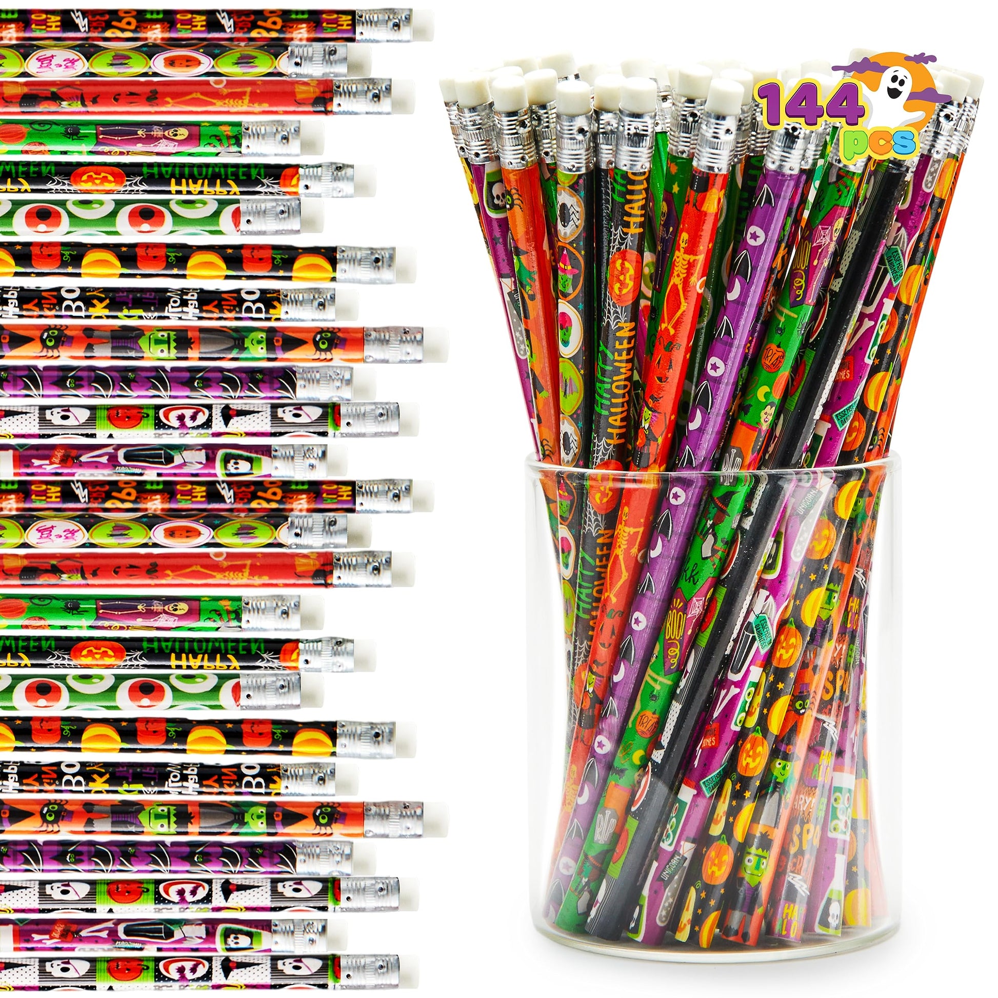 JOYIN 144 Pack Halloween Pencils with Eraser, 12 Design Halloween Stationery Set for Kids Gift Prize, Wooden Drawing Pencils, Ha