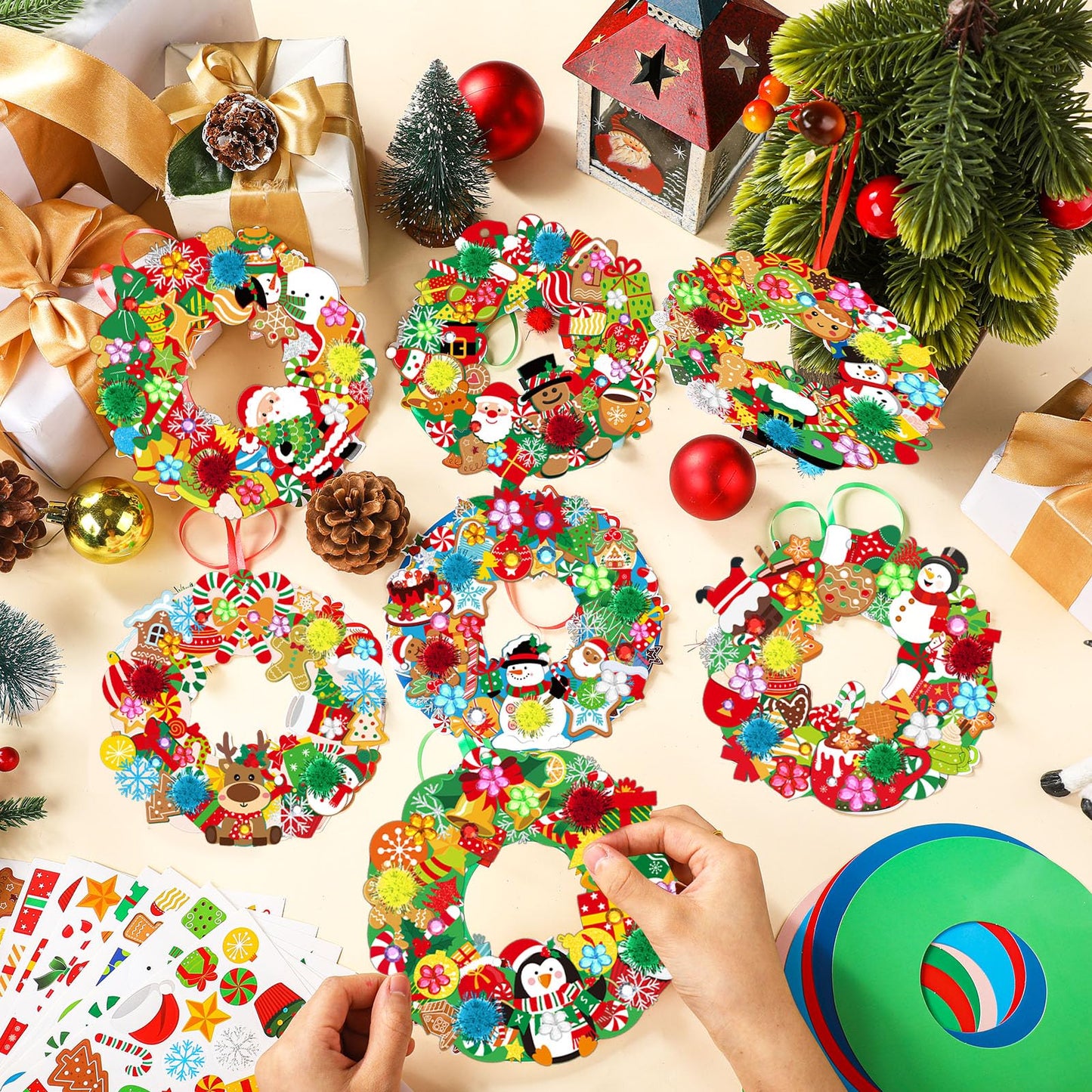 Hollowfly 48 Sets Christmas Wreath Craft Kits for DIY Santa Claus Wreath Hanging Ornaments Make Your Own Paper Xmas Craft with S