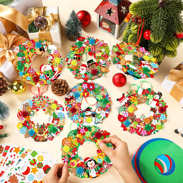 Hollowfly 48 Sets Christmas Wreath Craft Kits for DIY Santa Claus Wreath Hanging Ornaments Make Your Own Paper Xmas Craft with S