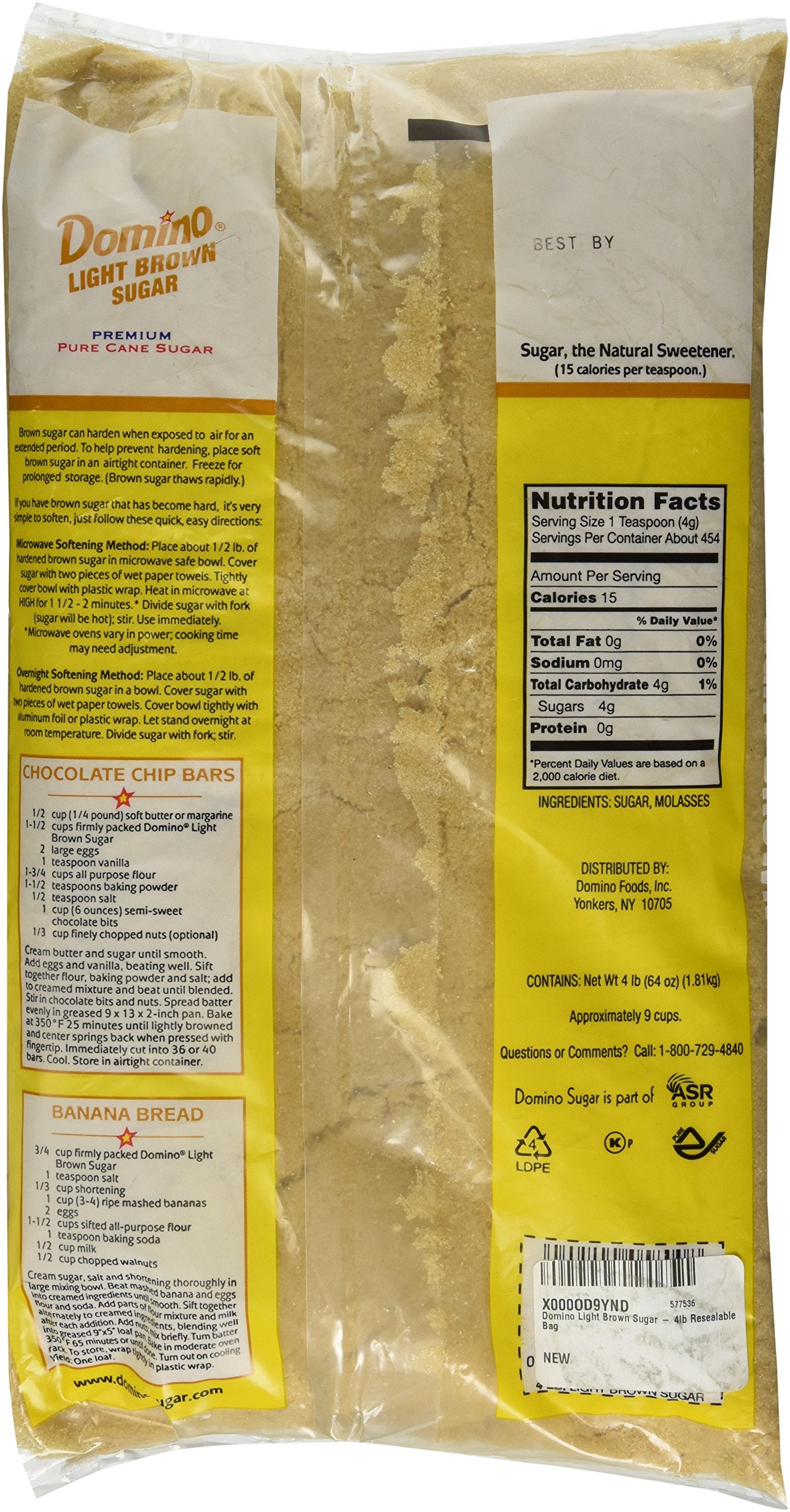 Domino Light Brown Sugar - 4lb Resealable Bag, 64 Ounce - Perfect for Baking and Sweetening