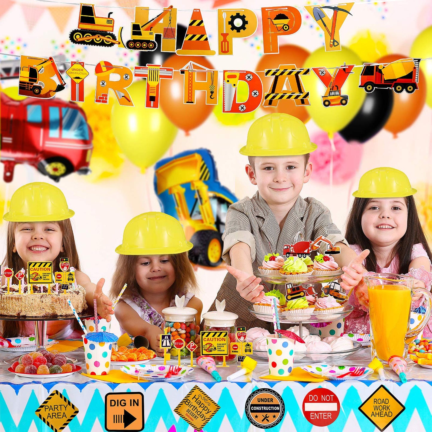 Satinior 24 Pcs Construction Dress Up Supplies Kids Costume Including Tote Bag Vest Construction Hat For Kids Age 3-8(Yellow, Orange)