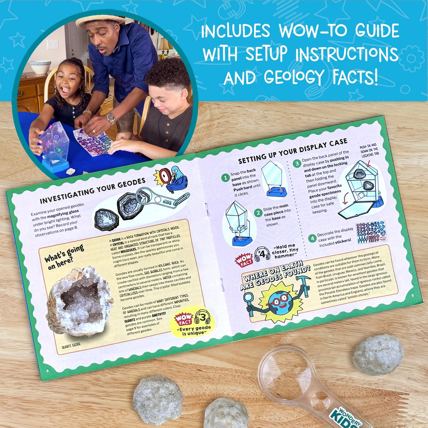 WONDERY KIDS Wow in The World Geode Kit – 10 Crystal Geodes, Display Case, Bonus Goggles & Magnifying Glass, STEM Toy for Ages 6+