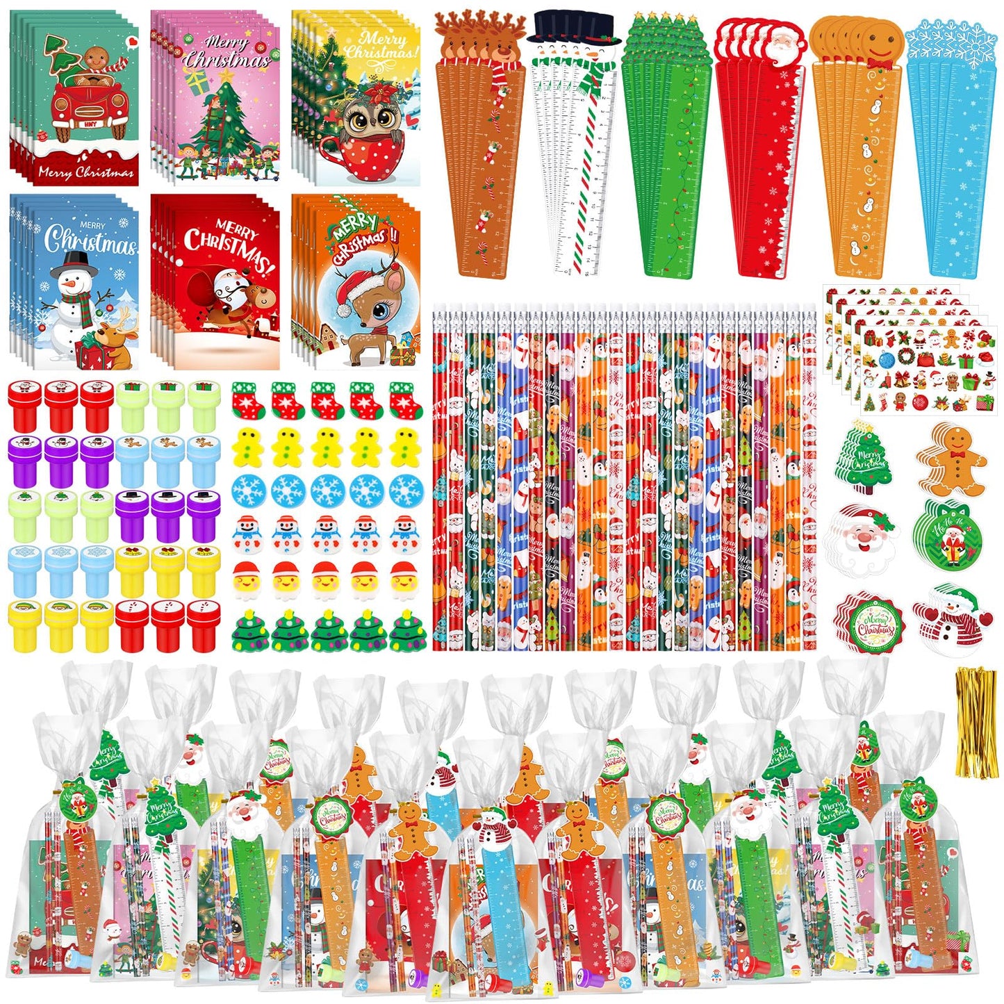 Zhanmai 350 Pcs Christmas School Stationery Gift Set for Kids Xmas Stationery Set for Stocking Stuffers 30 Pack with Notebook Pe