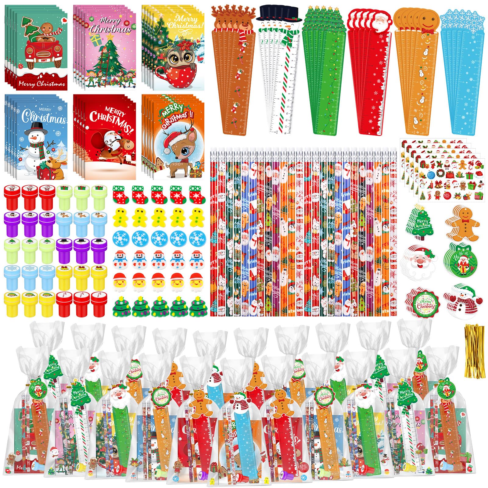 Zhanmai 350 Pcs Christmas School Stationery Gift Set for Kids Xmas Stationery Set for Stocking Stuffers 30 Pack with Notebook Pe