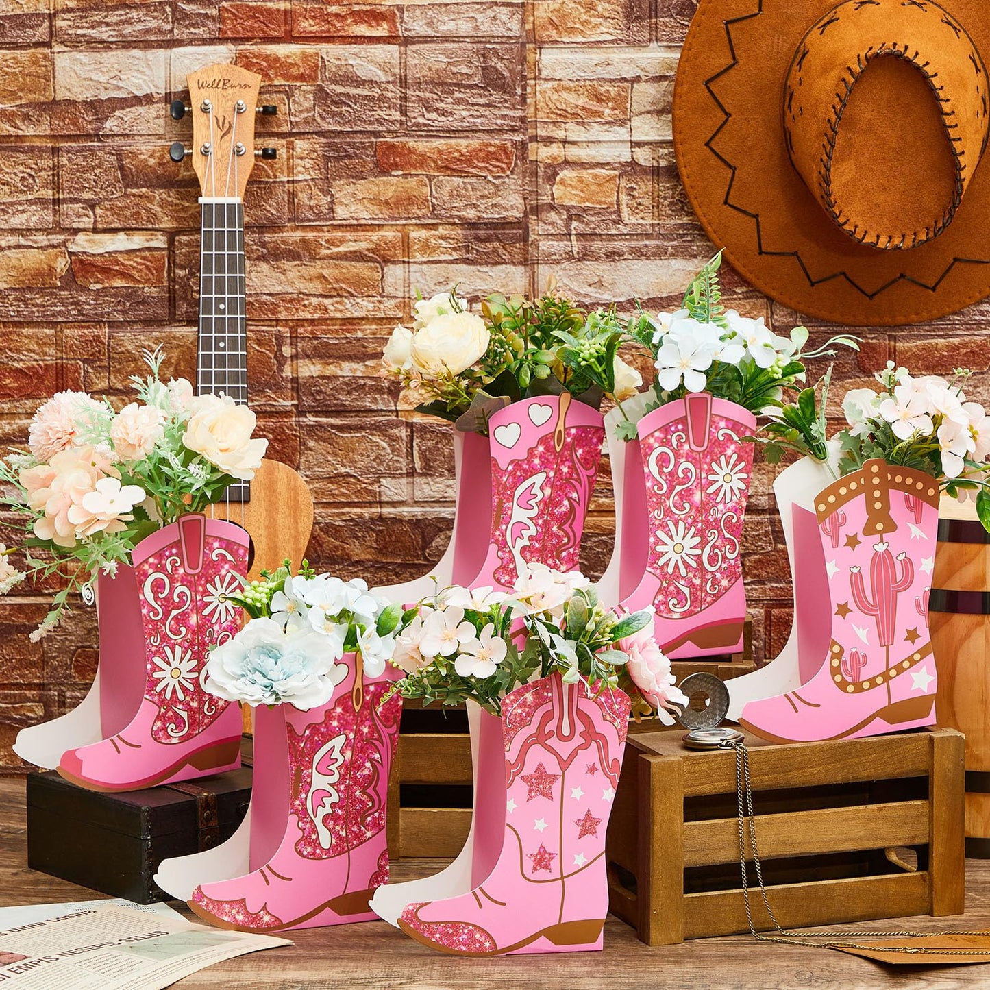 Memorywuu 12 Set Western Cowgirl Boots Flower Boxes Centerpiece Boot Shape Gift Boxes Party Decoration Vase Centerpieces for Tab