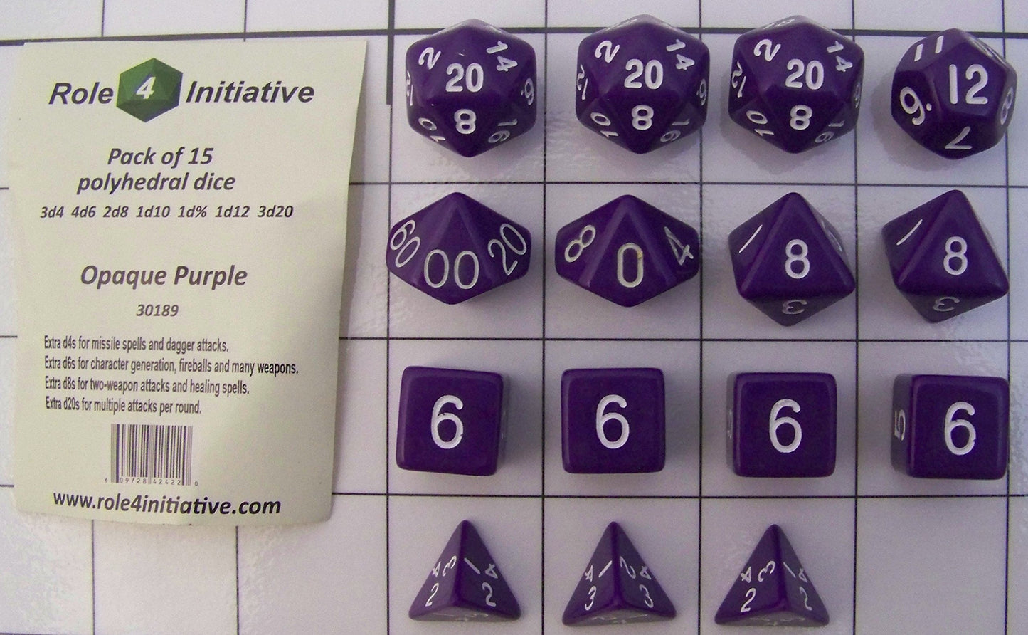 Pack Of 15 Rpg Polyhedral Dice, Opaque Purple: 3D4 4D6 2D8 D10 D% D12 3D20