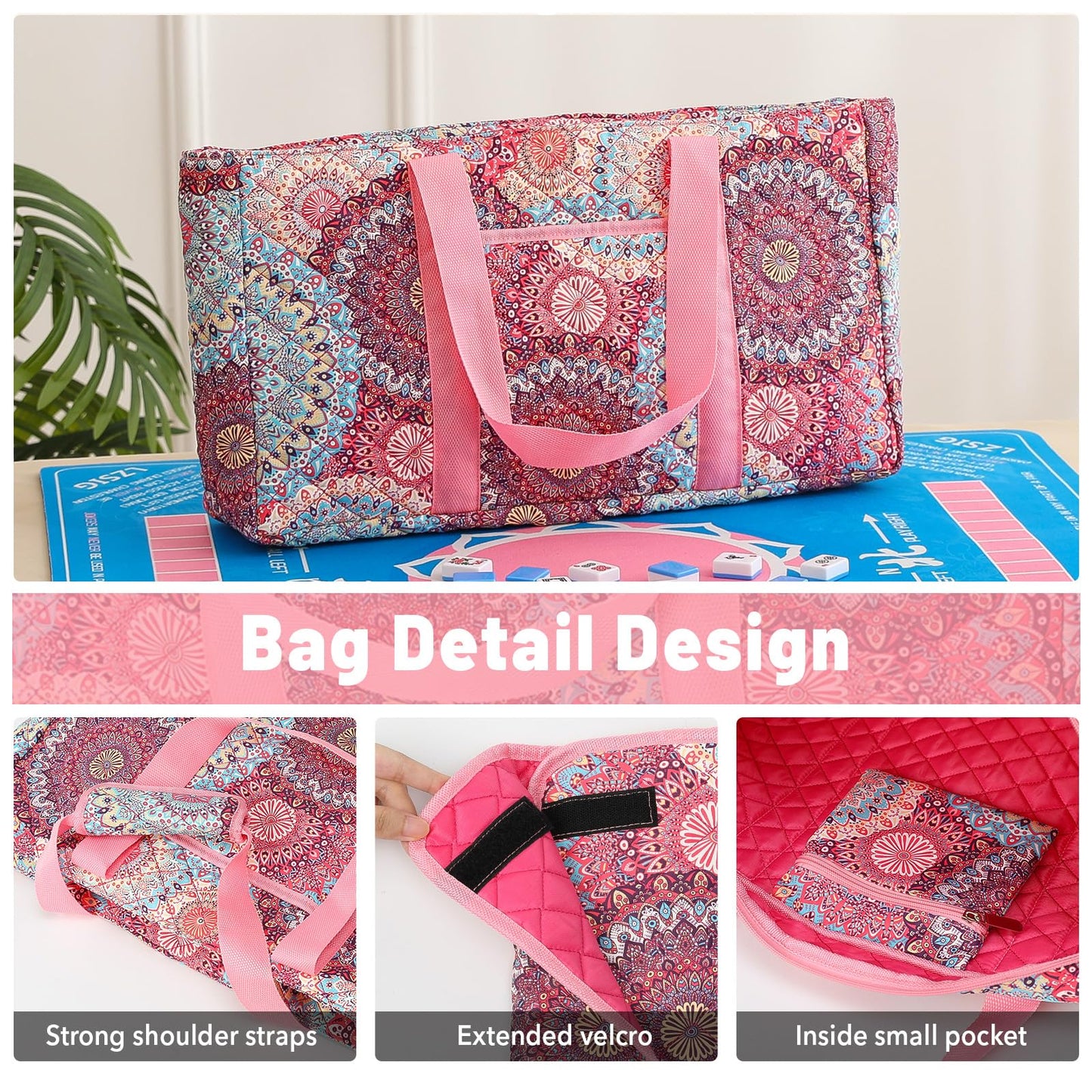 Kyerlish American Mahjong Tile Set with Pink Printed Carrying Bag  166 enhanced Tiles  4 All-in-One Color Racks/Pushers  Mah Jongg Sets  Mahjong Game Set for Travel  Christmas  Birthday Gifts