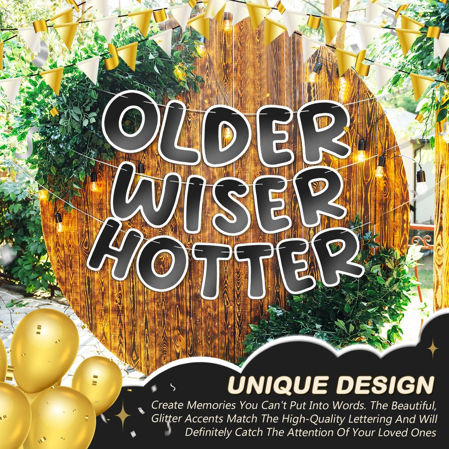 Fulmoon Set of 3 Pre Strung Older Wiser Hotter Glitter Banner Funny Birthday Banner for Women 30th 40th 50th 60th 70th 80th Birt