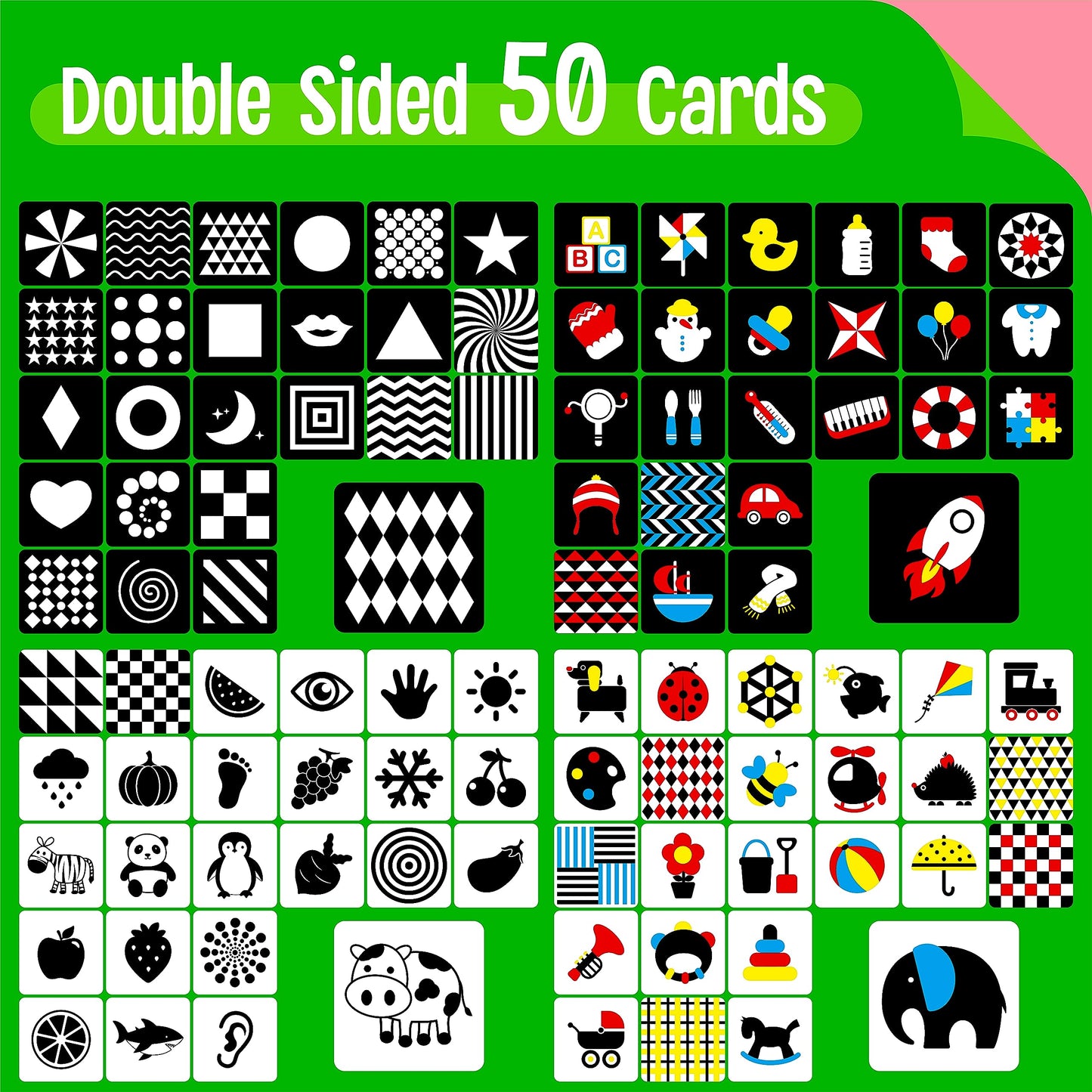 100 Pages Black White Colorful Baby Visual Stimulus Flashcard, 50 Pcs High Contrast Baby Flashcards Sensory Toys For Newborn Infant Gift (2 Levels 0-6 Months, 5.5” X 5.5”)