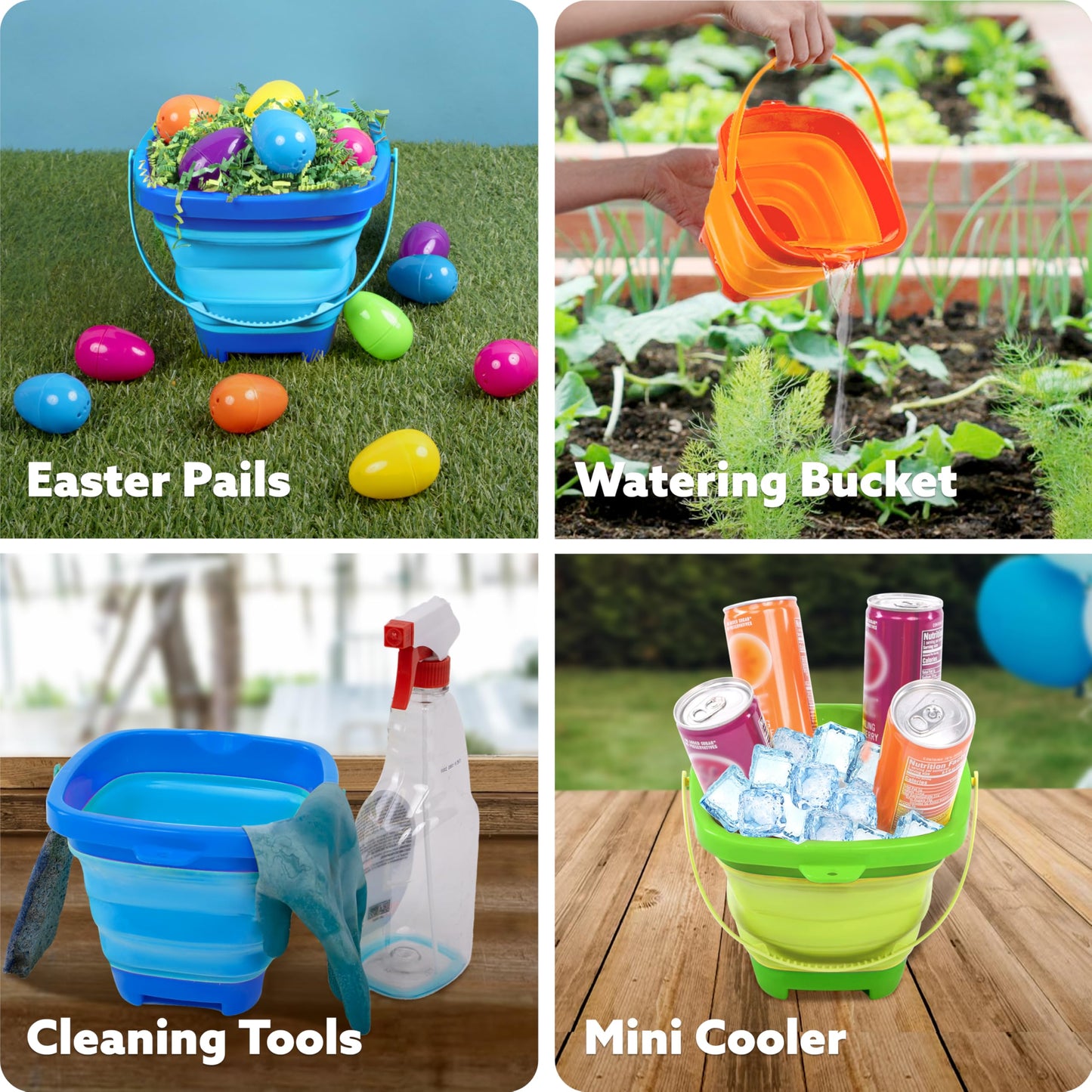 Sloosh 3-Pack Collapsible Sand Toys - Square Foldable Pail Silicone Beach Water Bucket With 3 Shovels For Sandbox Play, Party In