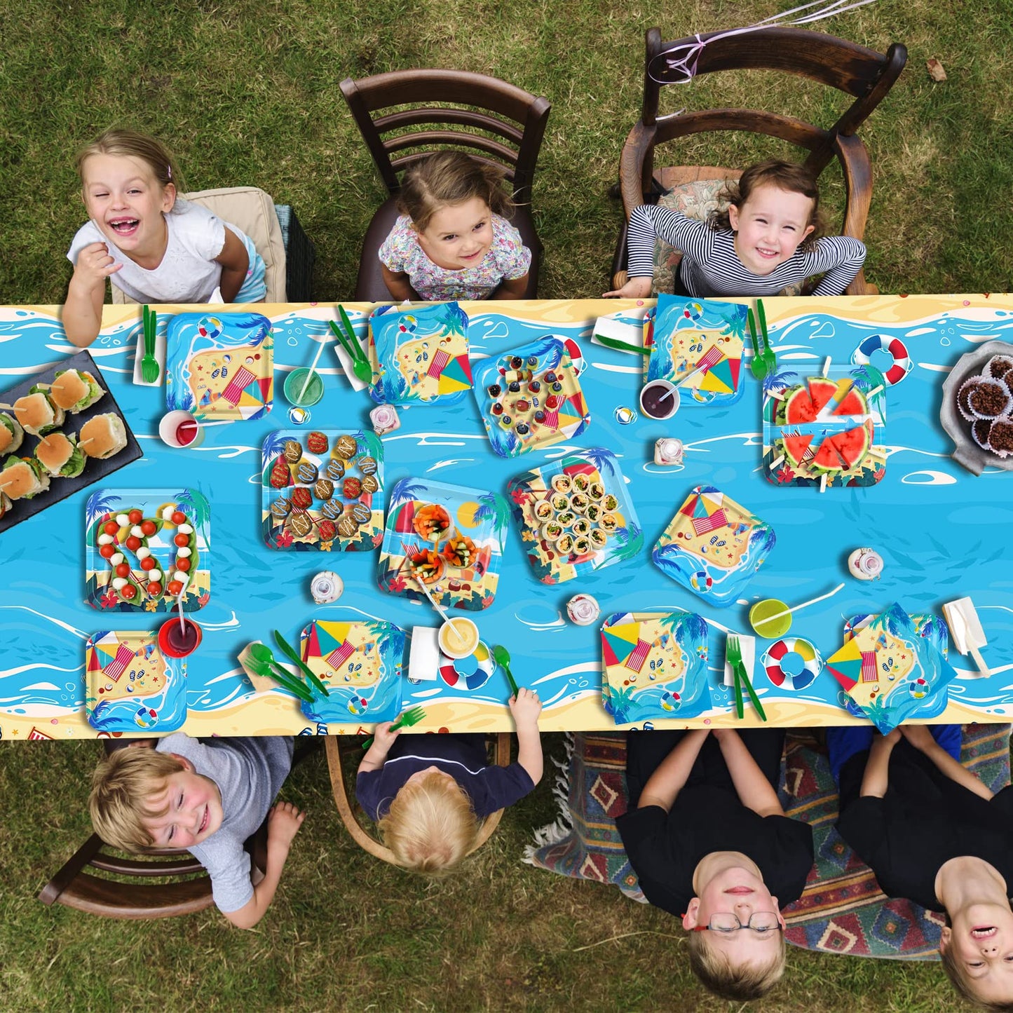 Beach Theme Party Supplies, Summer Pool Pack Includes: Paper Dinner Plates, Dessert Plates, Luncheon Napkins, Cups And Tableclot