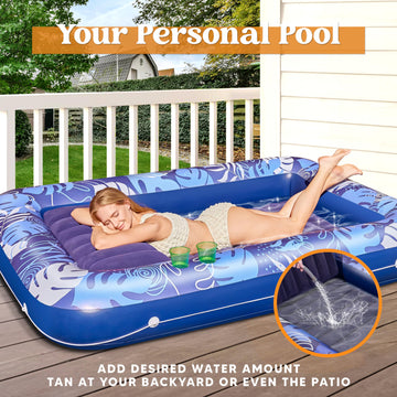Sloosh Inflatable Tanning Pool Lounger Float, 85' X 57' Extra Large Pool Floats Adult With Pillow, 4 In 1 Suntan Tub Raft Floatie,Sunbathing Bed Lounge For Water Blow Up Ball Pit, Xl-Dark Blue