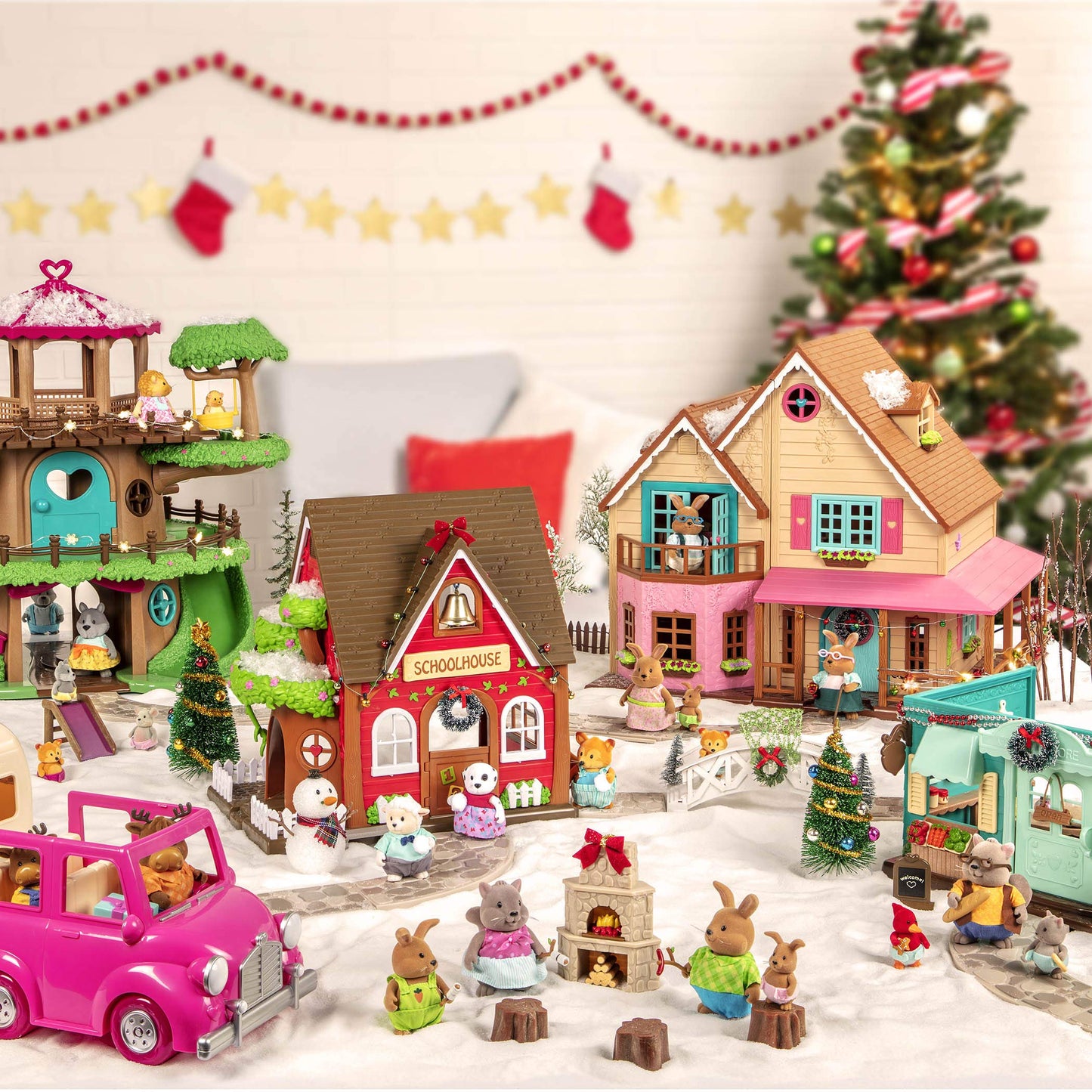 Lil Woodzeez - 16 Pieces Safety Department Dollhouse Playset with Fire Truck, Miniature Furniture & Accessories - Stackable Toy