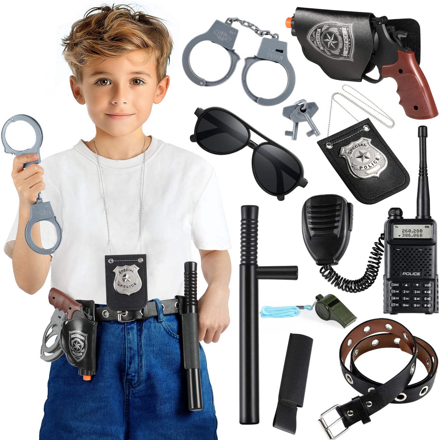 Metemot 10Pcs Police Toys, Cop Costume Accessories, Police Costume Accessories For Kids, With Police Badge, Toy Handcuffs,Hallow